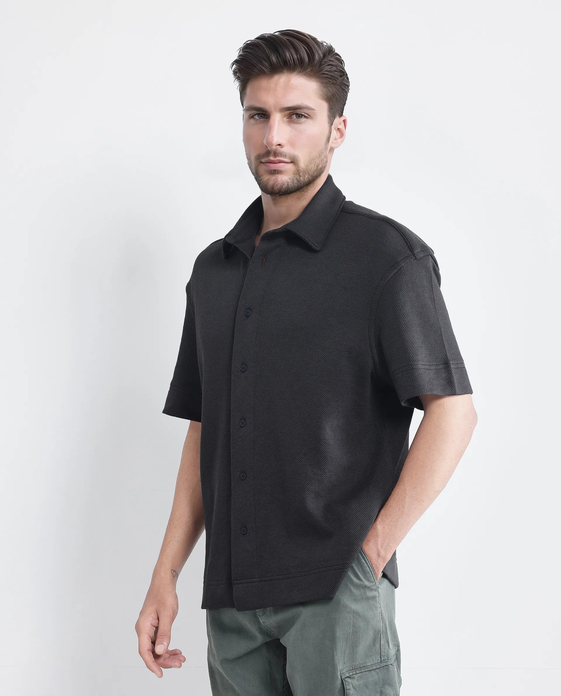 Rare Rabbit Men Kash Black Viscose Fabric Half Sleeve Collared Neck Button Closure Oversized Fit Plain Shirt