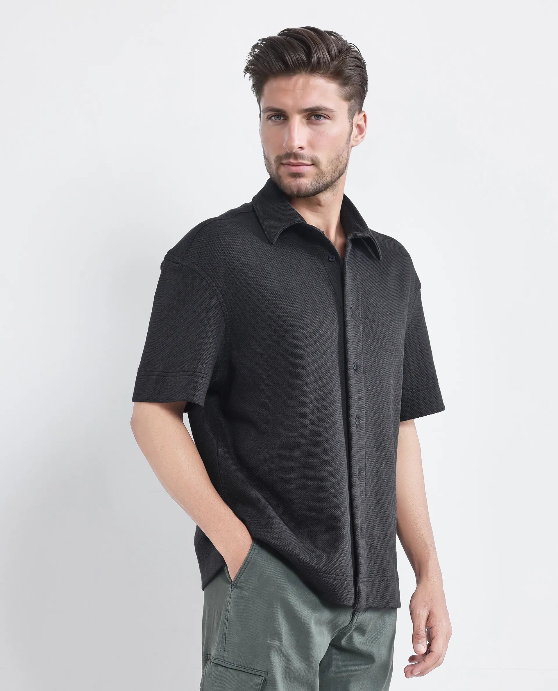 Rare Rabbit Men Kash Black Viscose Fabric Half Sleeve Collared Neck Button Closure Oversized Fit Plain Shirt