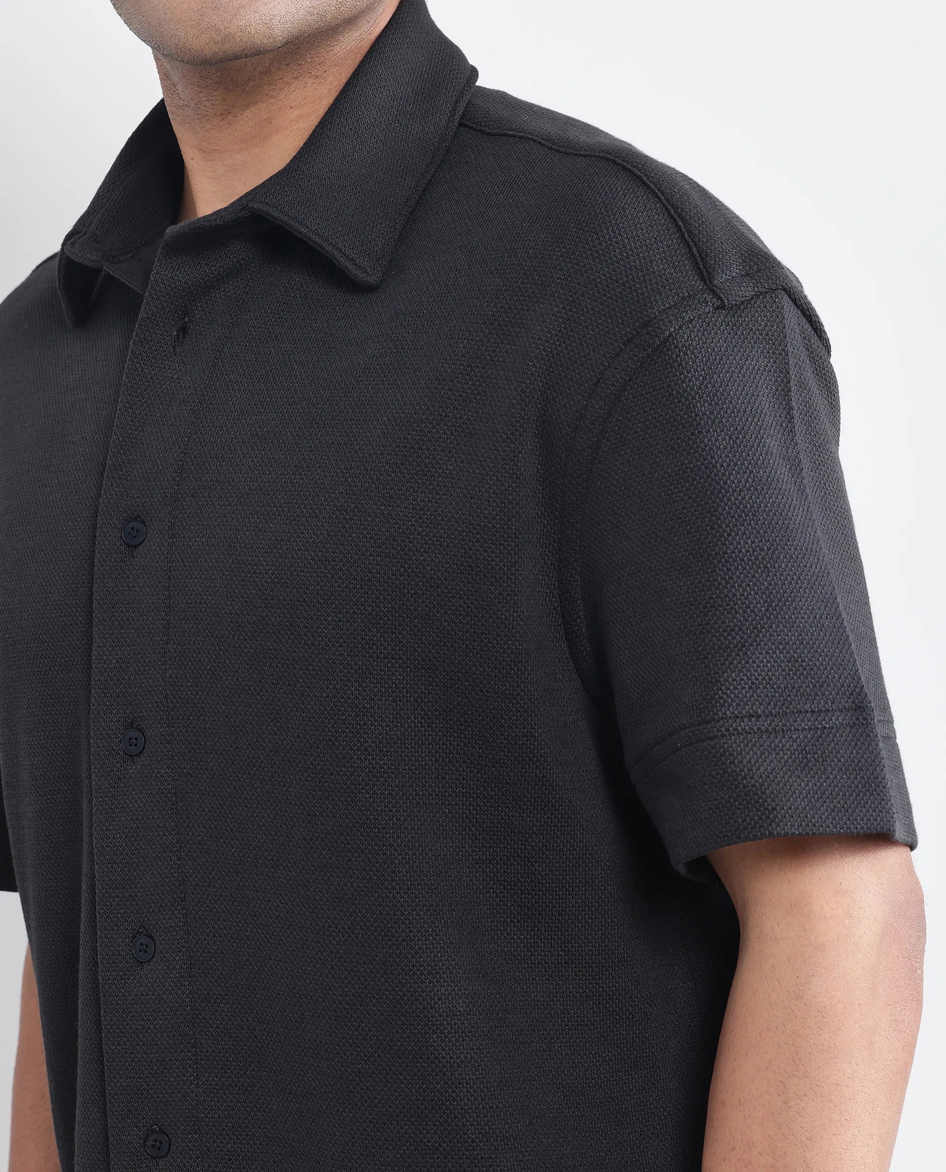 Rare Rabbit Men Kash Black Viscose Fabric Half Sleeve Collared Neck Button Closure Oversized Fit Plain Shirt