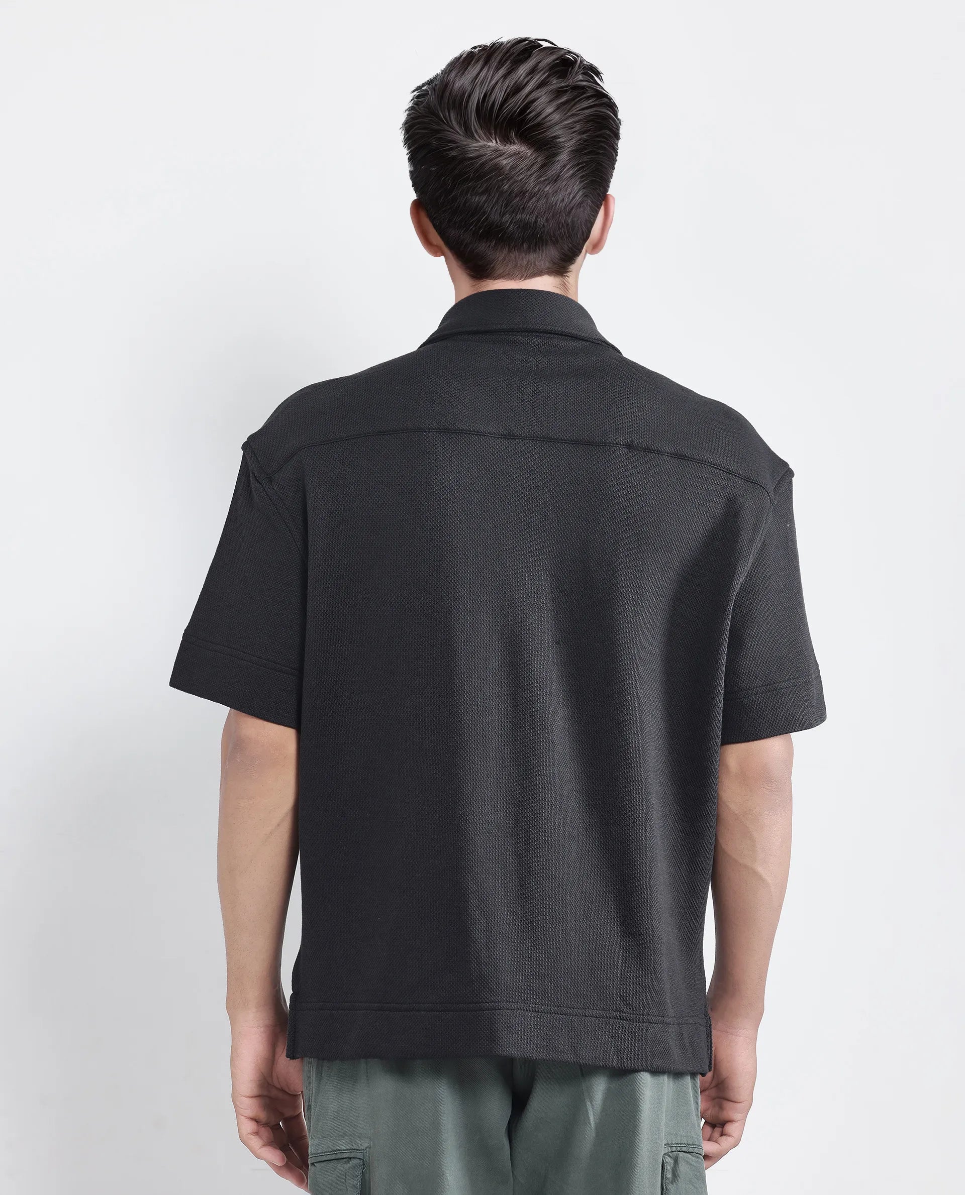 Rare Rabbit Men Kash Black Viscose Fabric Half Sleeve Collared Neck Button Closure Oversized Fit Plain Shirt