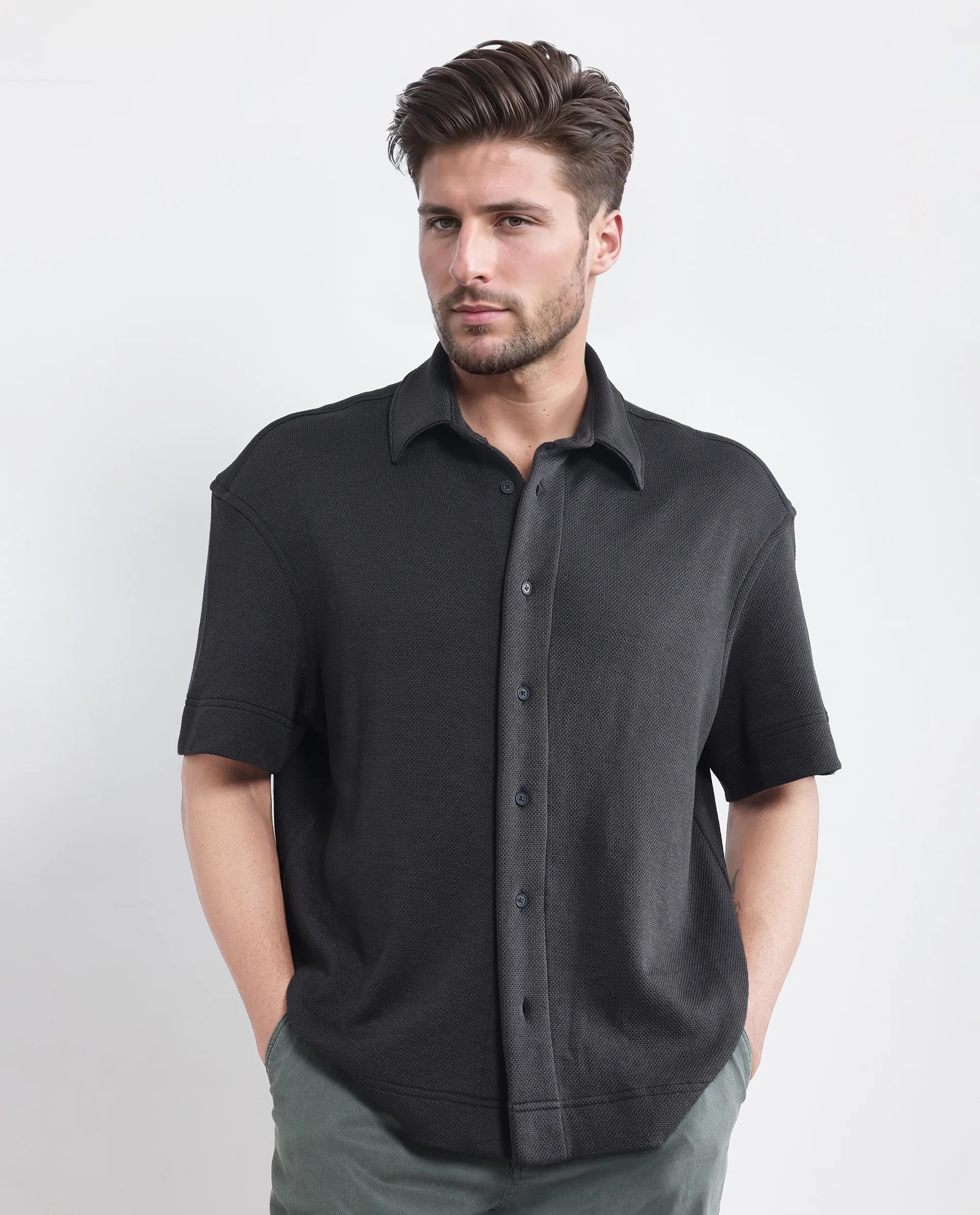 Rare Rabbit Men Kash Black Viscose Fabric Half Sleeve Collared Neck Button Closure Oversized Fit Plain Shirt