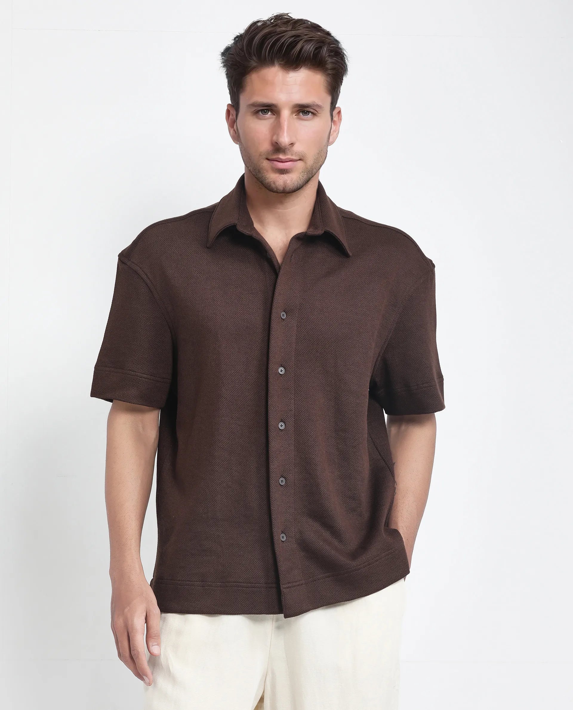 Rare Rabbit Men Kash Brown Viscose Fabric Half Sleeve Collared Neck Button Closure Oversized Fit Plain Shirt