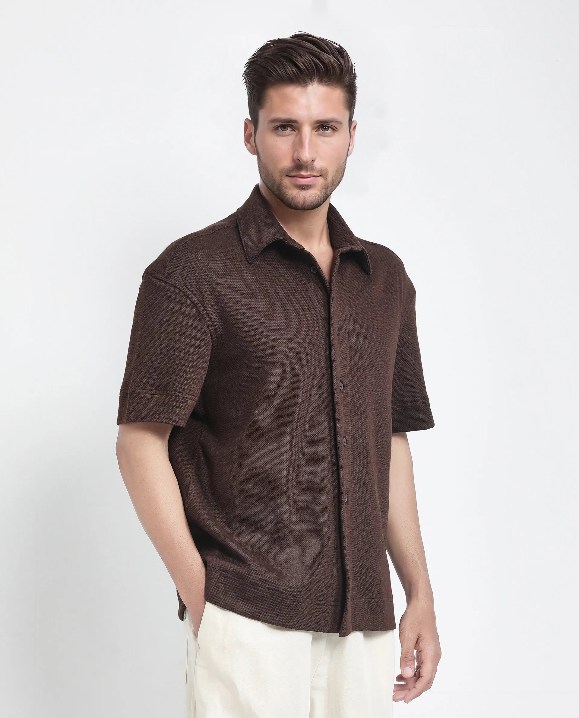 Rare Rabbit Men Kash Brown Viscose Fabric Half Sleeve Collared Neck Button Closure Oversized Fit Plain Shirt