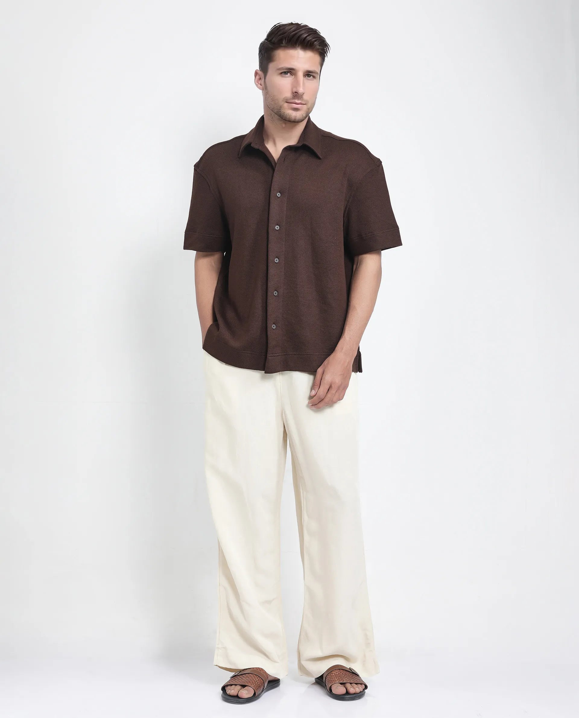 Rare Rabbit Men Kash Brown Viscose Fabric Half Sleeve Collared Neck Button Closure Oversized Fit Plain Shirt