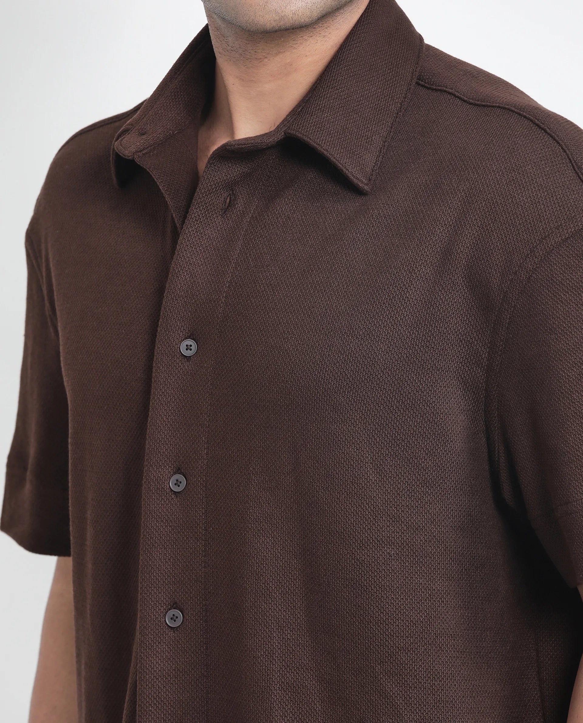 Rare Rabbit Men Kash Brown Viscose Fabric Half Sleeve Collared Neck Button Closure Oversized Fit Plain Shirt