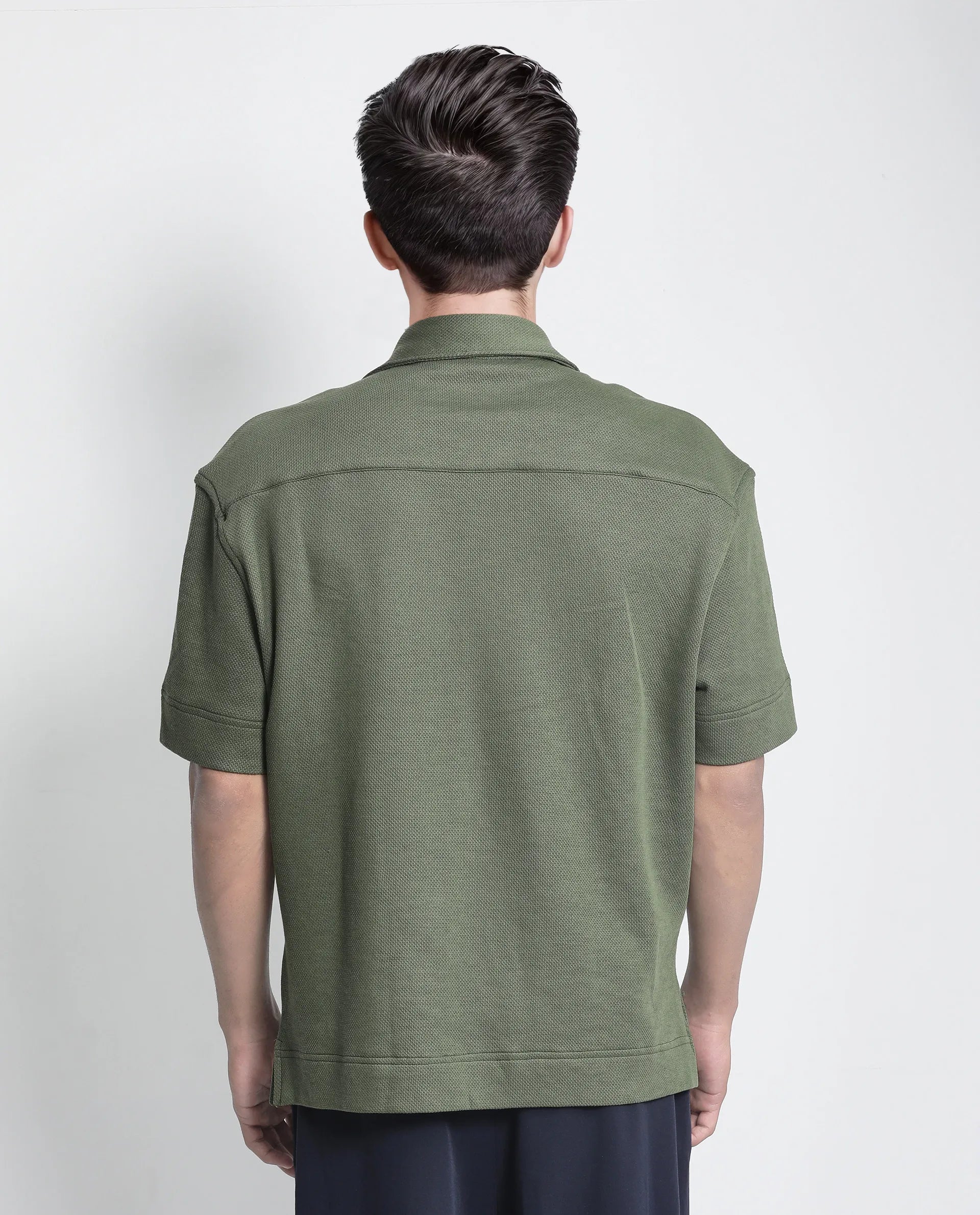 Rare Rabbit Men Kash Dark Green Viscose Fabric Half Sleeve Collared Neck Button Closure Oversized Fit Plain Shirt