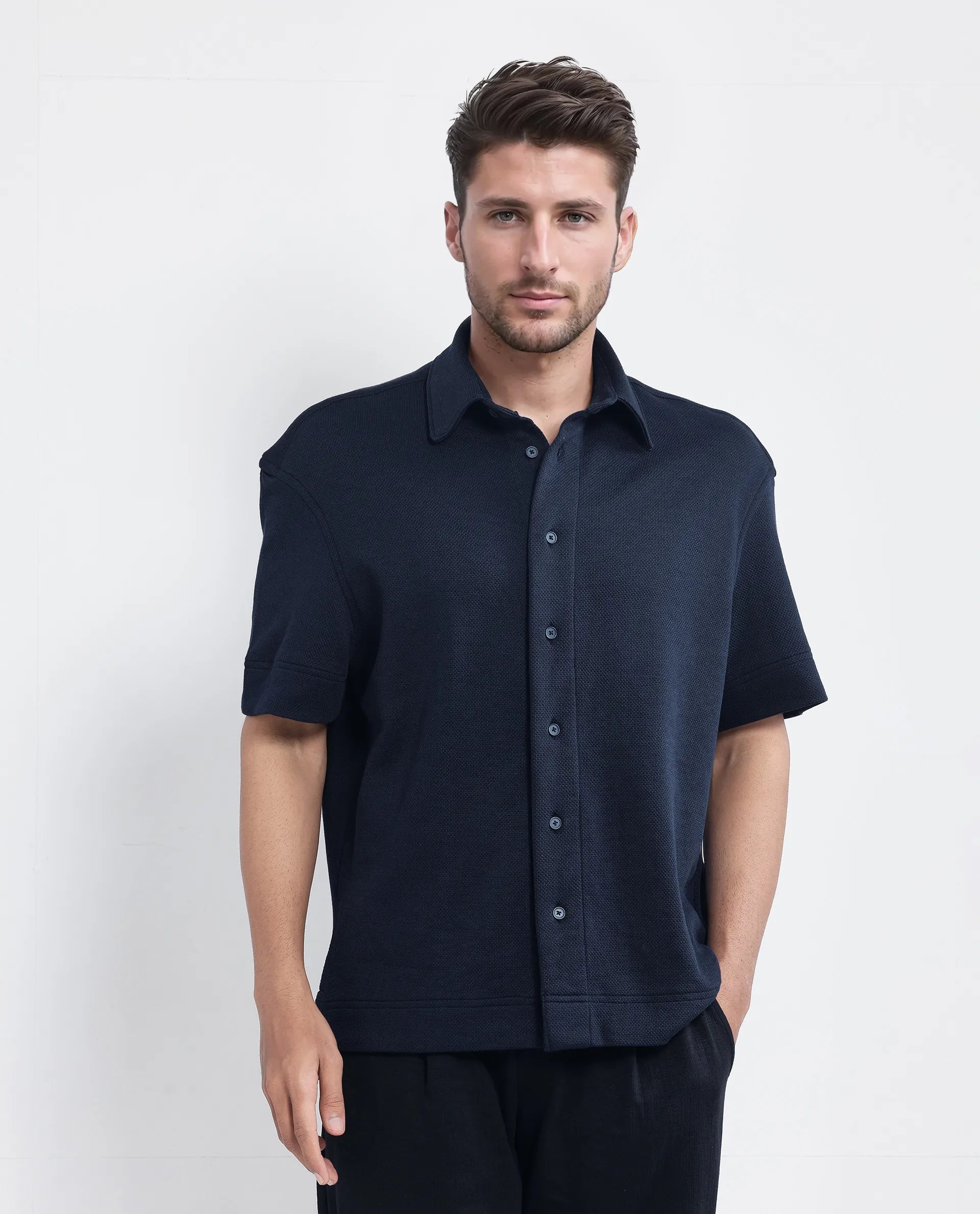 Rare Rabbit Men Kash Navy Viscose Fabric Half Sleeve Collared Neck Button Closure Oversized Fit Plain Shirt