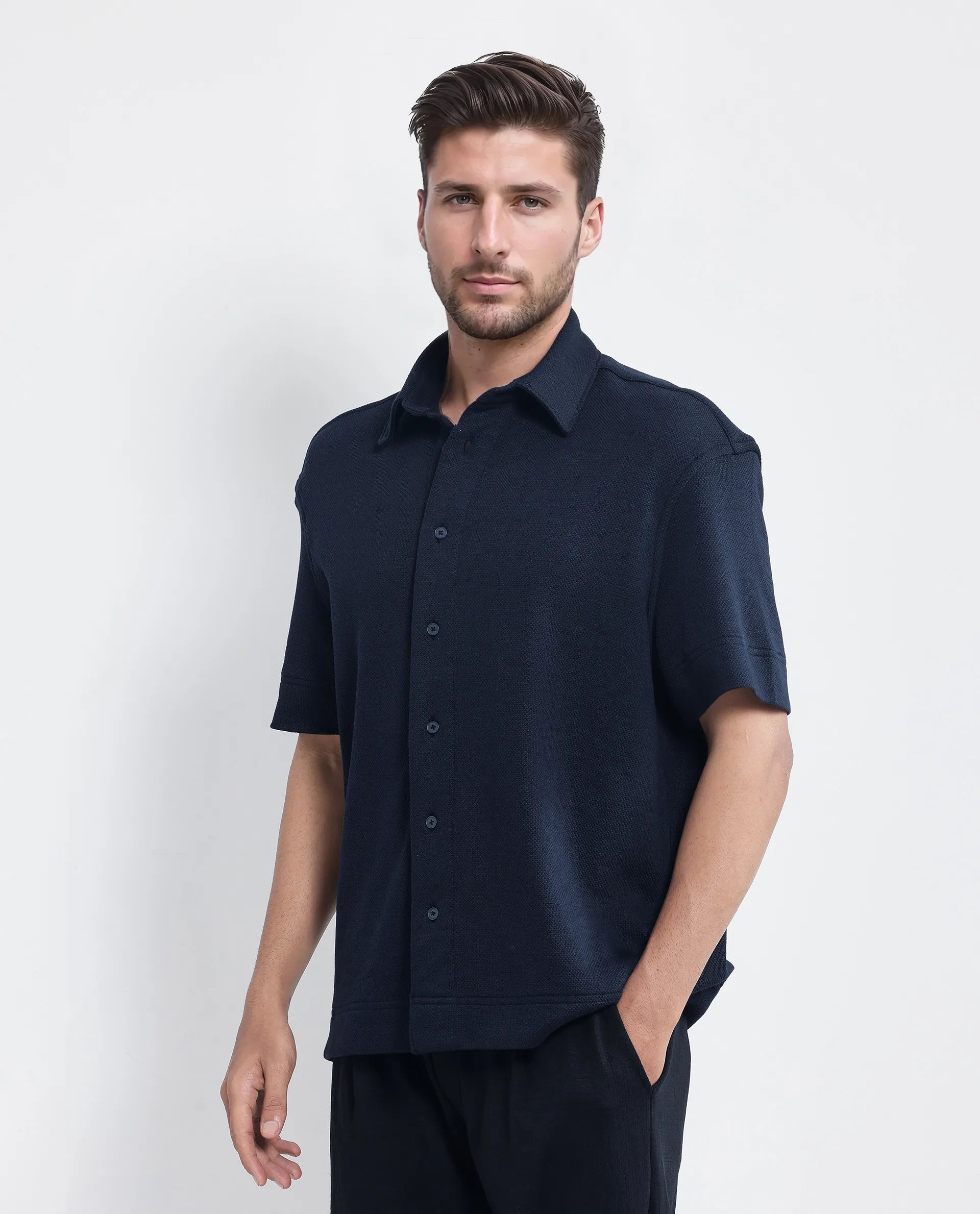 Rare Rabbit Men Kash Navy Viscose Fabric Half Sleeve Collared Neck Button Closure Oversized Fit Plain Shirt