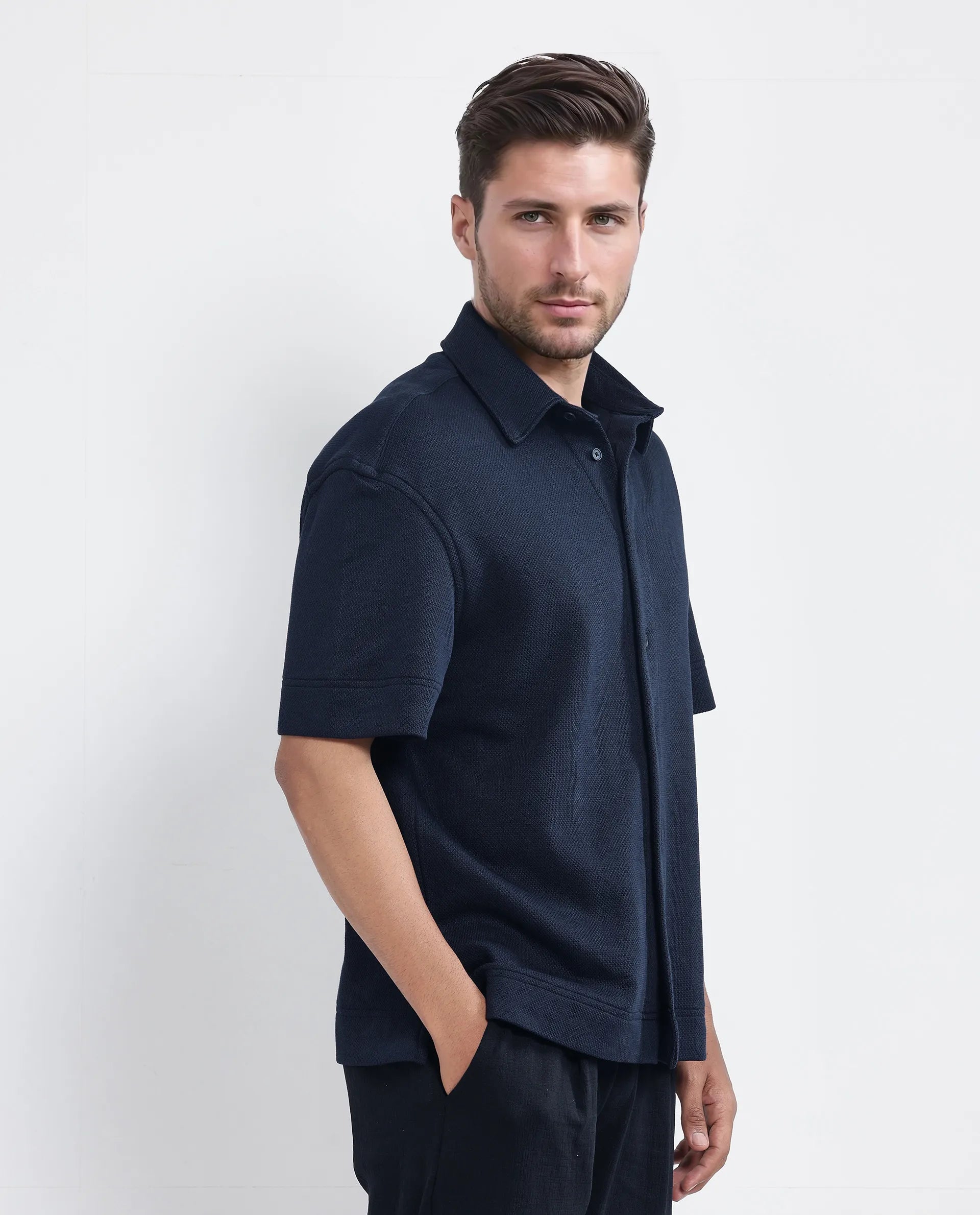 Rare Rabbit Men Kash Navy Viscose Fabric Half Sleeve Collared Neck Button Closure Oversized Fit Plain Shirt