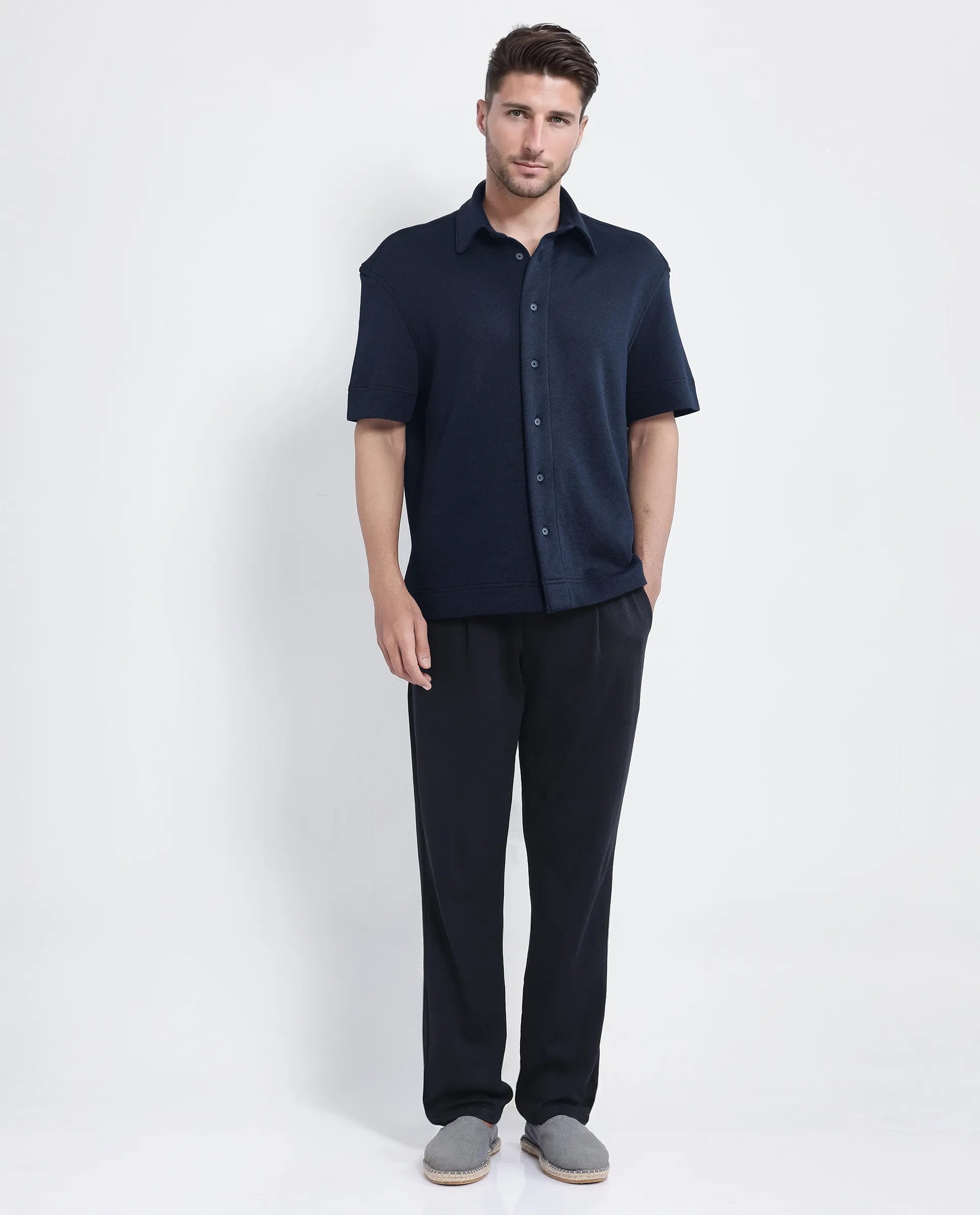 Rare Rabbit Men Kash Navy Viscose Fabric Half Sleeve Collared Neck Button Closure Oversized Fit Plain Shirt