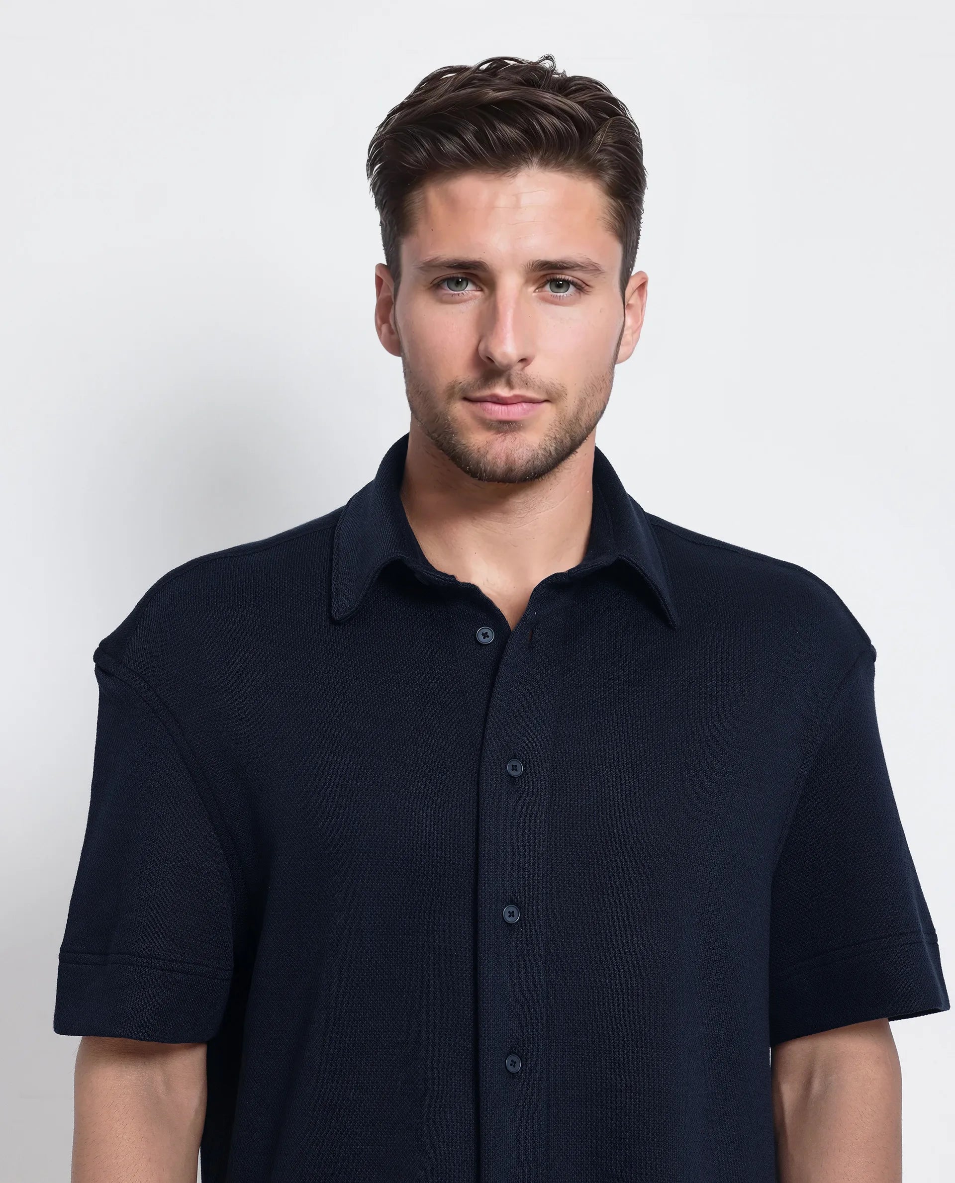 Rare Rabbit Men Kash Navy Viscose Fabric Half Sleeve Collared Neck Button Closure Oversized Fit Plain Shirt