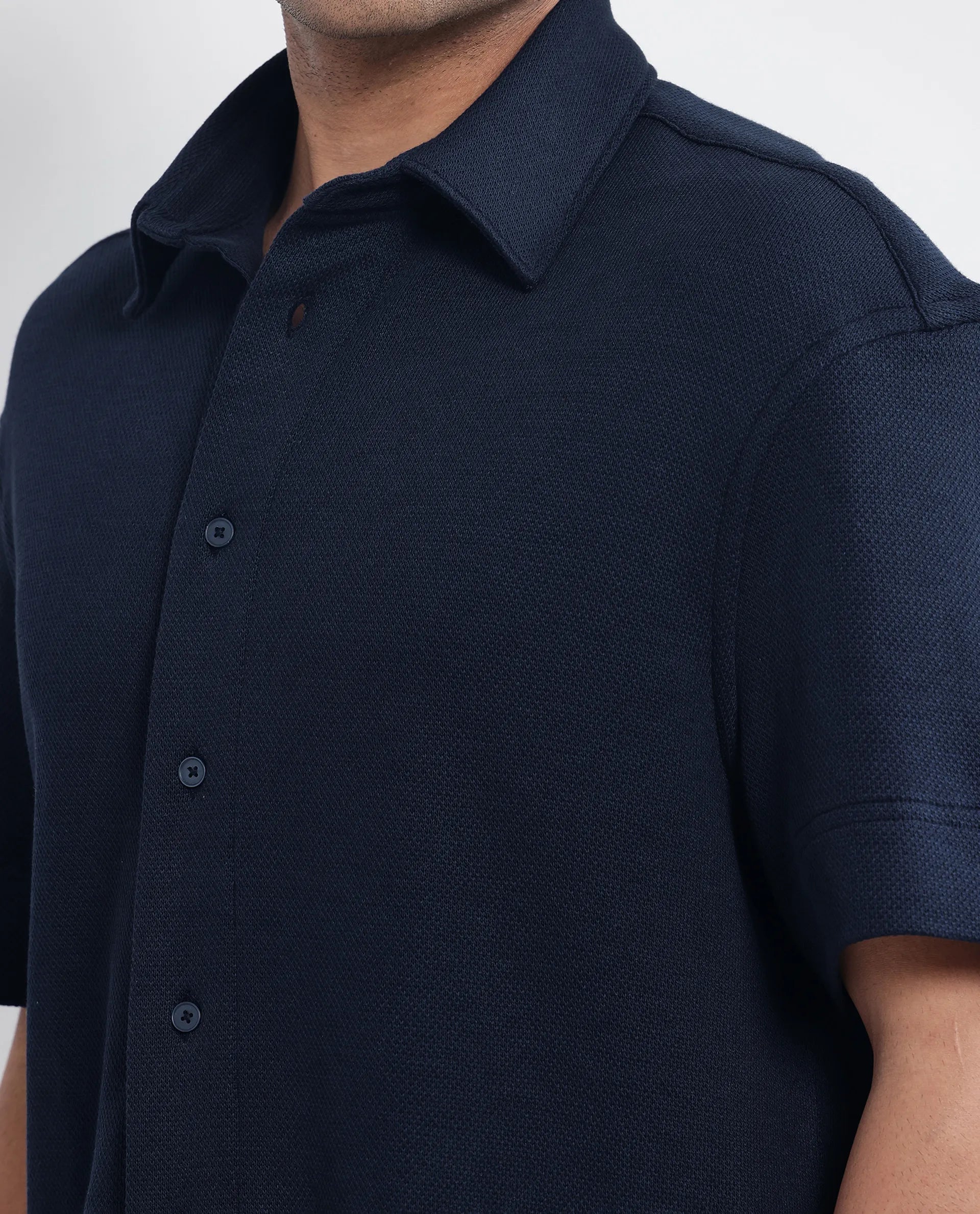 Rare Rabbit Men Kash Navy Viscose Fabric Half Sleeve Collared Neck Button Closure Oversized Fit Plain Shirt