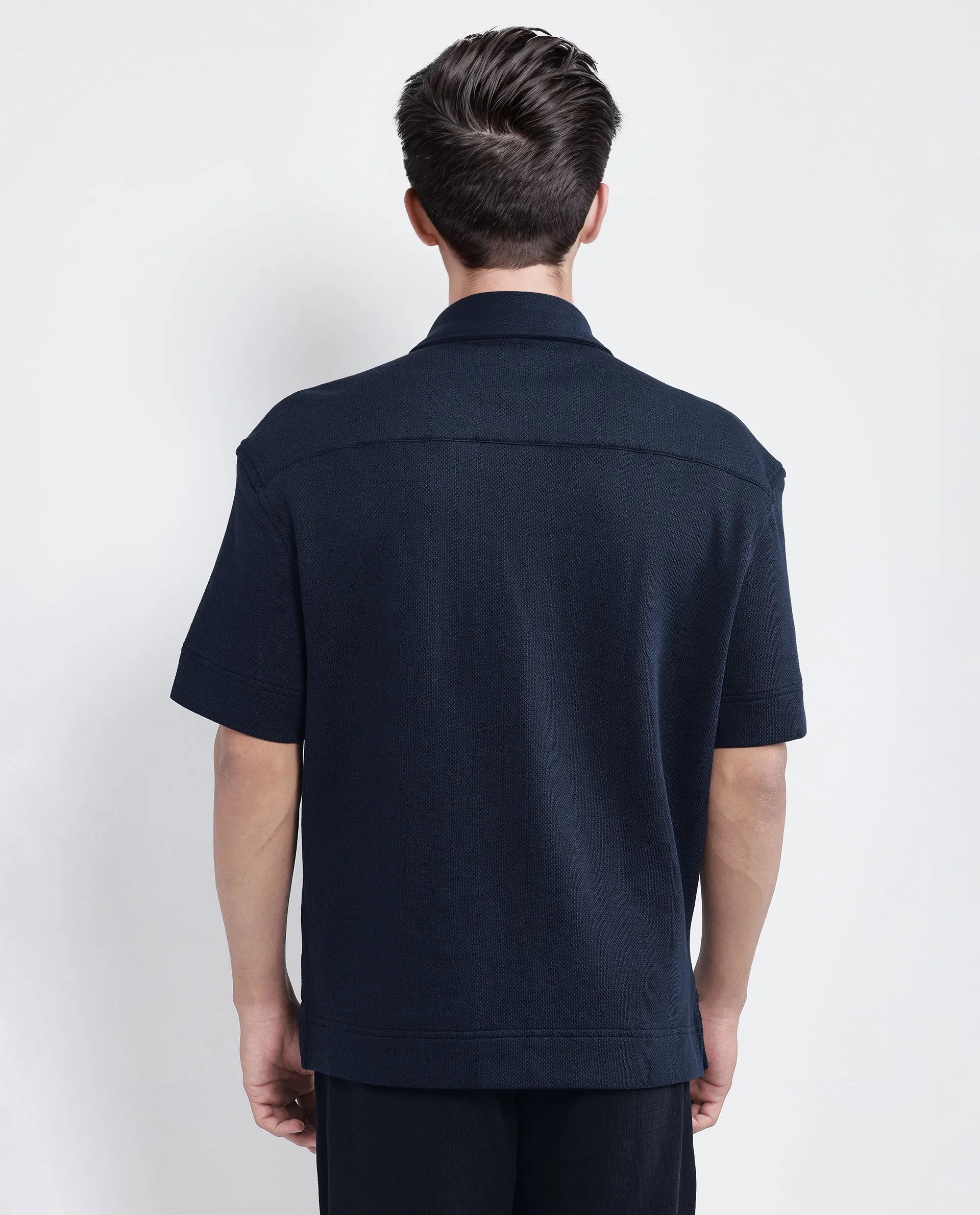 Rare Rabbit Men Kash Navy Viscose Fabric Half Sleeve Collared Neck Button Closure Oversized Fit Plain Shirt