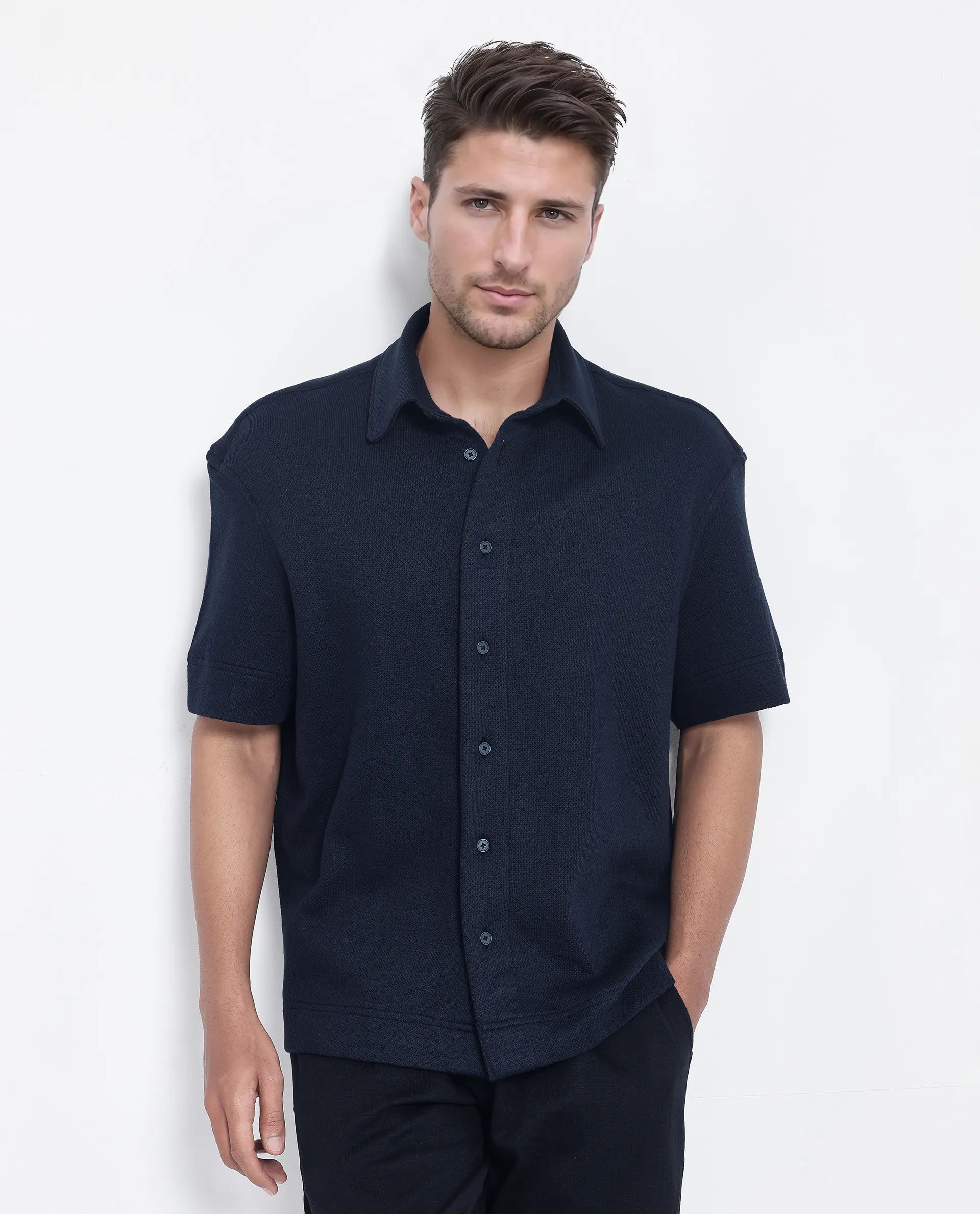 Rare Rabbit Men Kash Navy Viscose Fabric Half Sleeve Collared Neck Button Closure Oversized Fit Plain Shirt