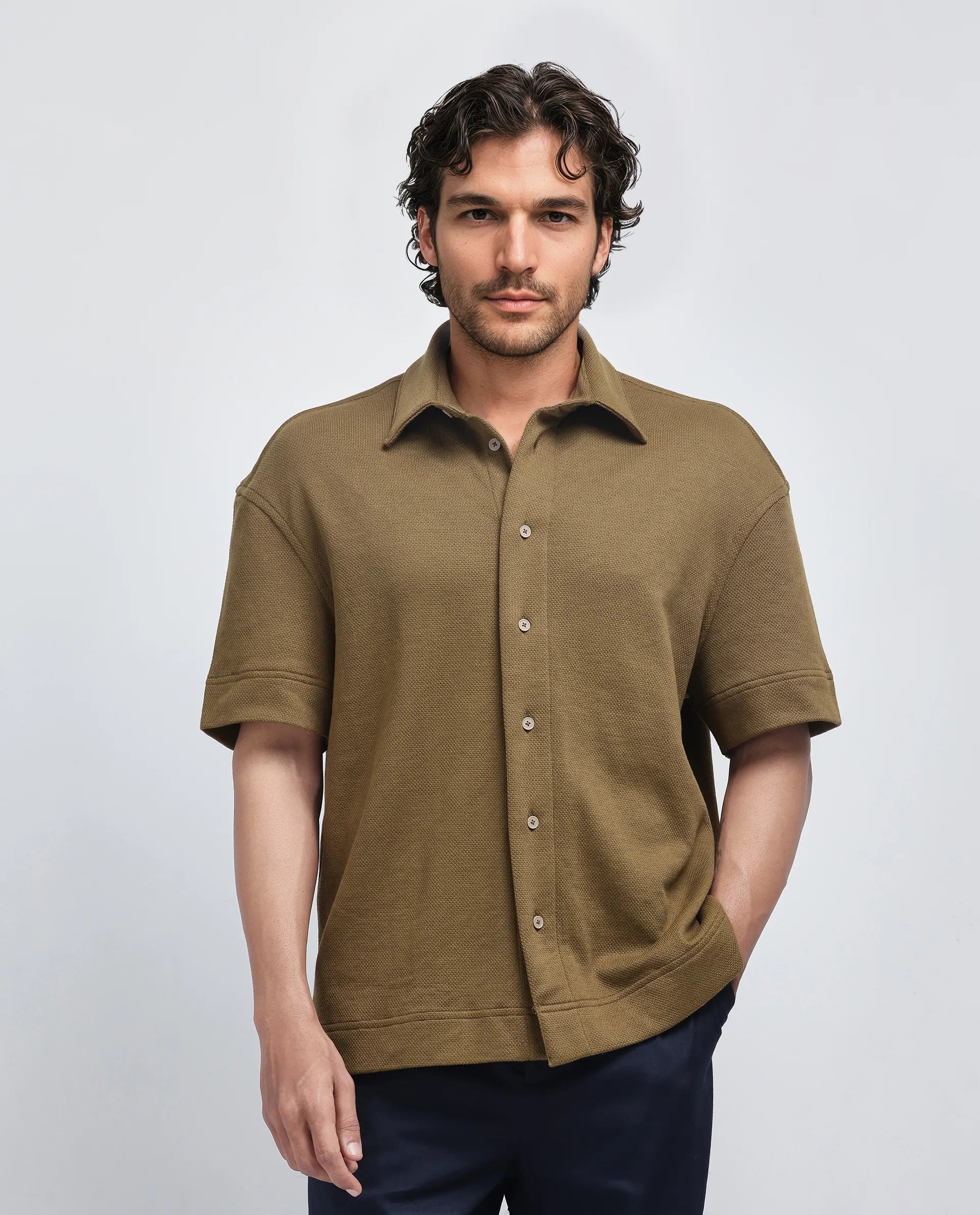 Rare Rabbit Men Kash Olive Viscose Fabric Half Sleeve Collared Neck Button Closure Oversized Fit Plain Shirt