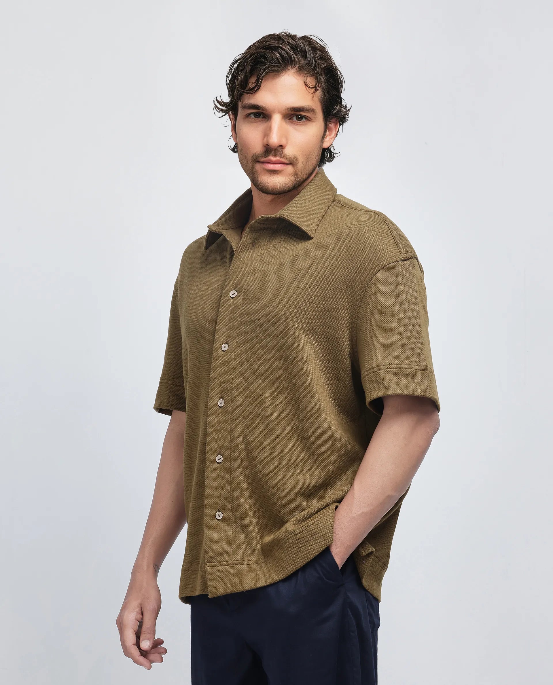 Rare Rabbit Men Kash Olive Viscose Fabric Half Sleeve Collared Neck Button Closure Oversized Fit Plain Shirt