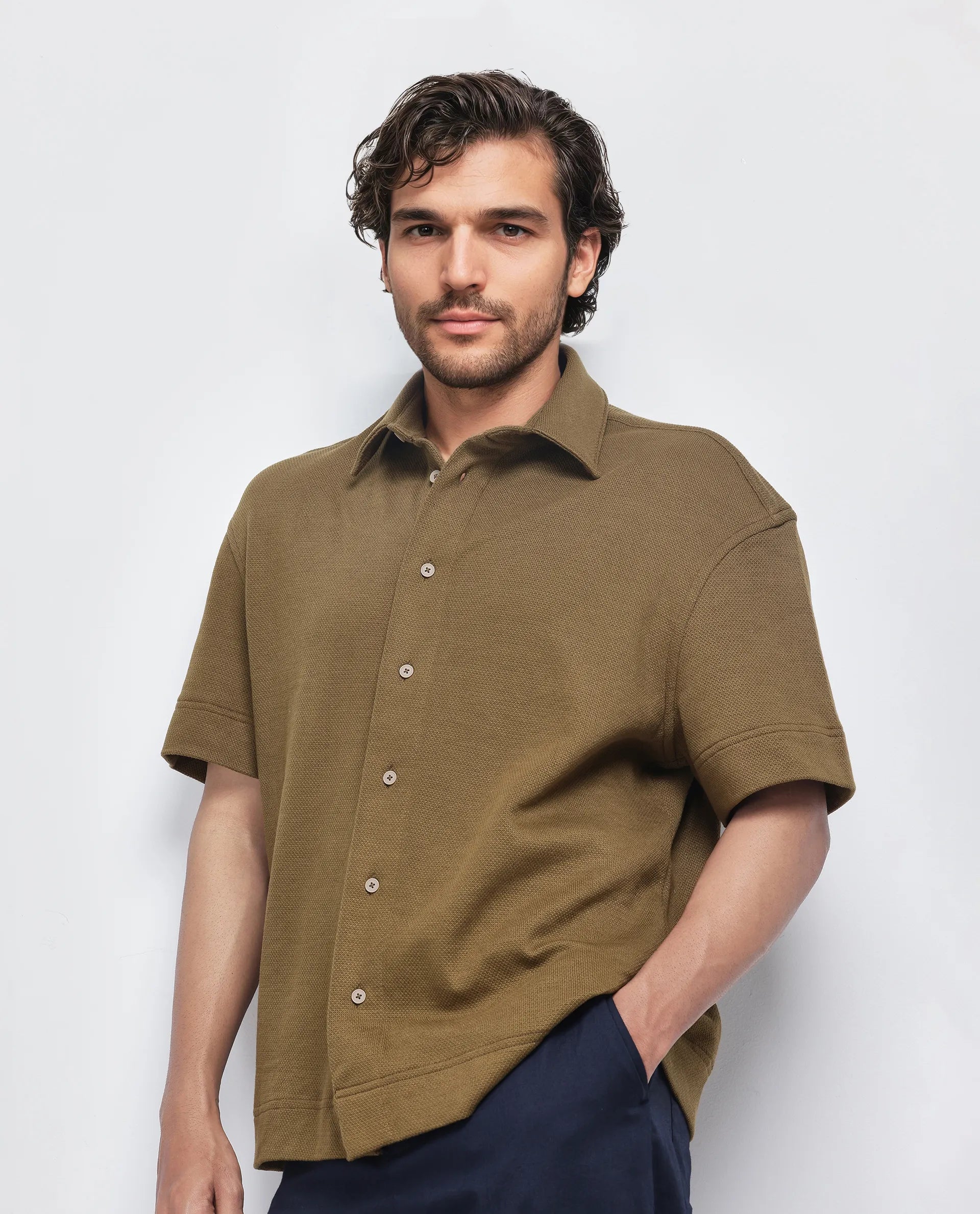 Rare Rabbit Men Kash Olive Viscose Fabric Half Sleeve Collared Neck Button Closure Oversized Fit Plain Shirt