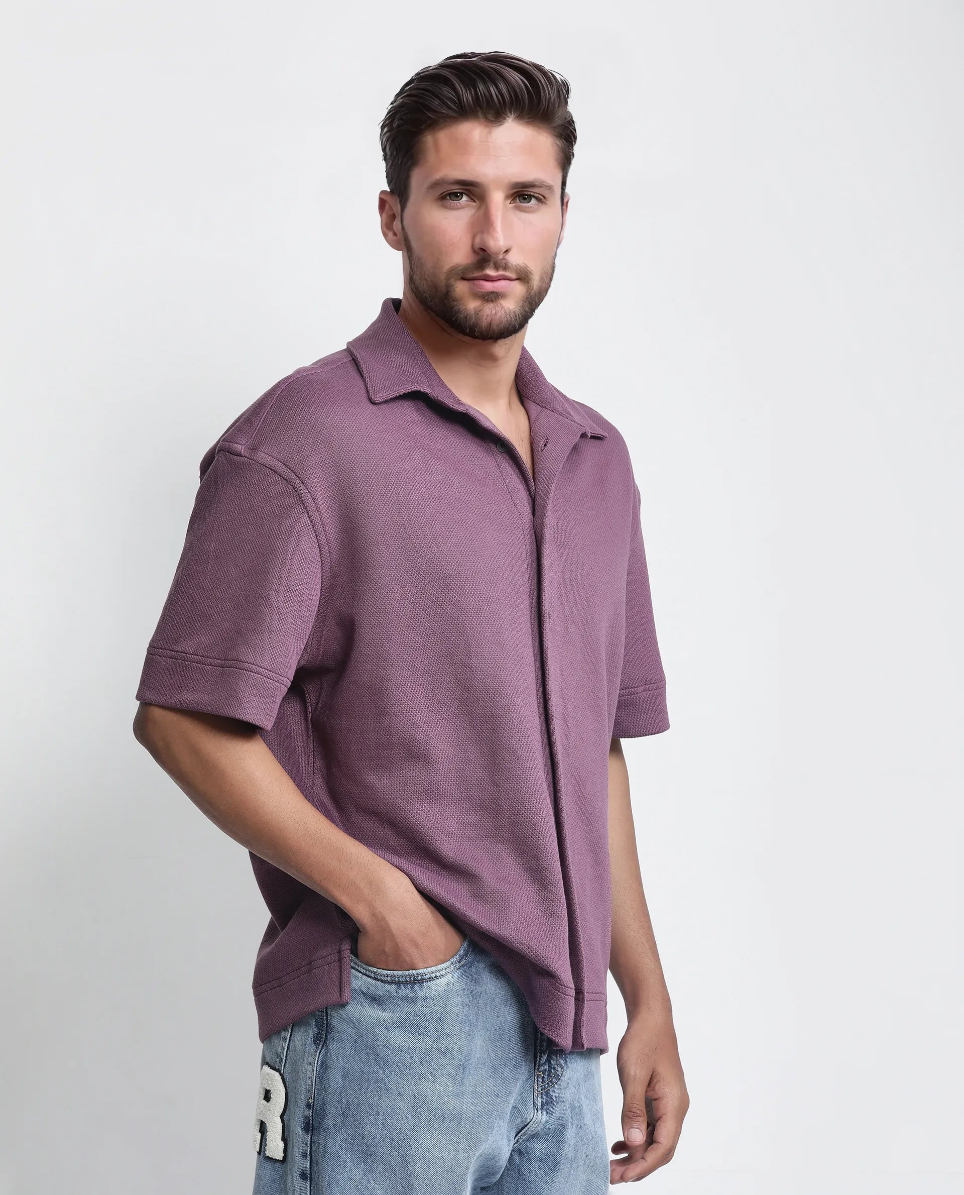 Rare Rabbit Men Kash Purple Viscose Fabric Half Sleeve Collared Neck Button Closure Oversized Fit Plain Shirt