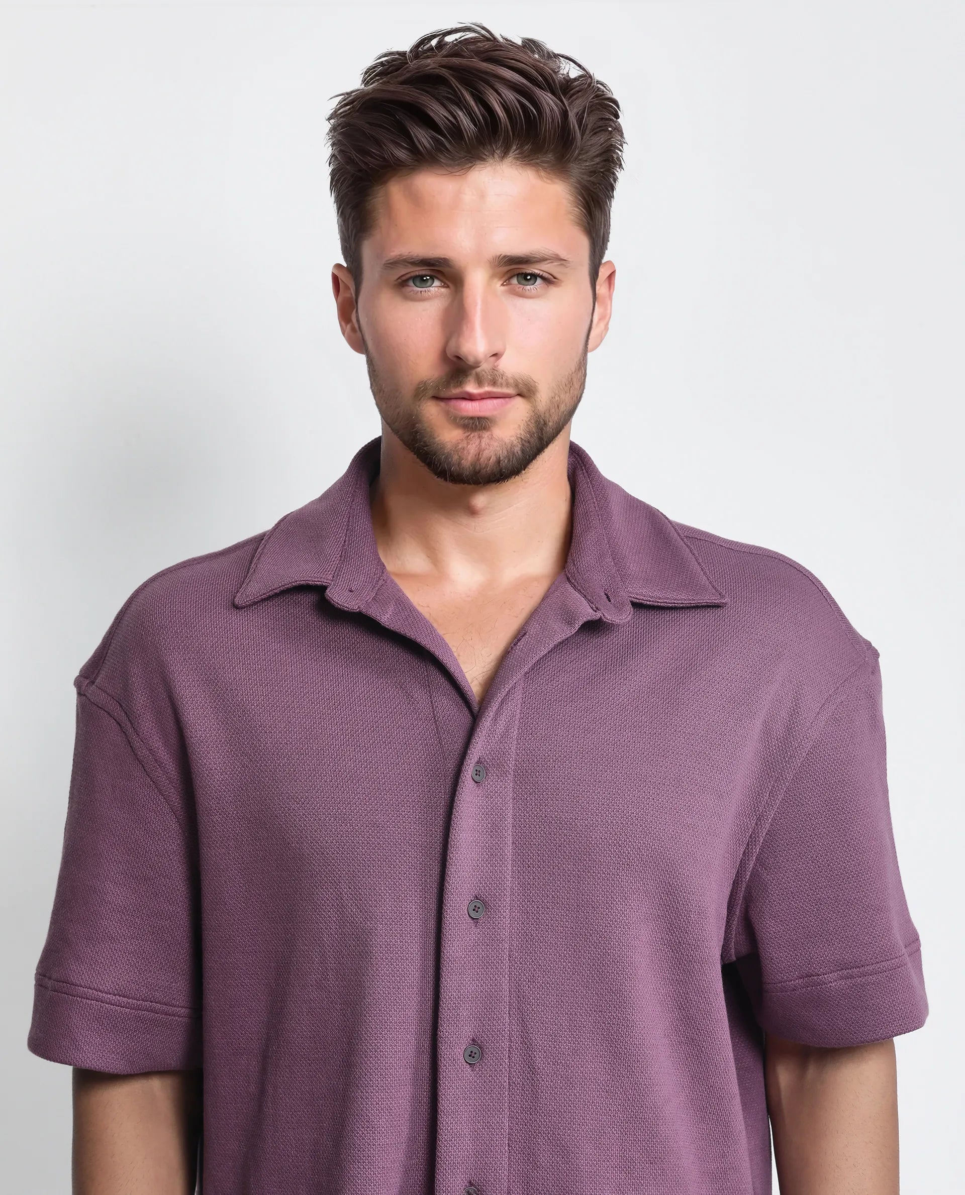 Rare Rabbit Men Kash Purple Viscose Fabric Half Sleeve Collared Neck Button Closure Oversized Fit Plain Shirt