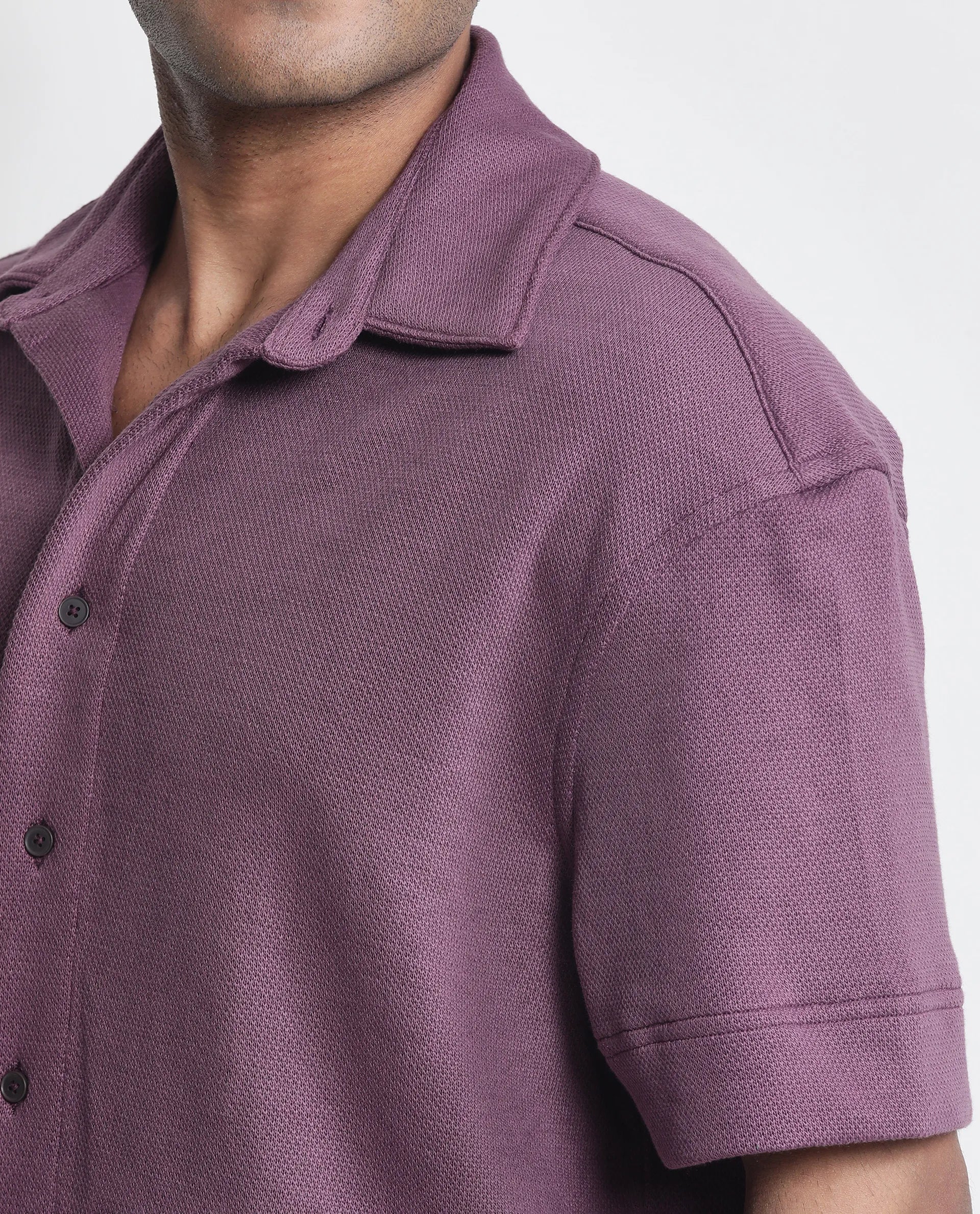 Rare Rabbit Men Kash Purple Viscose Fabric Half Sleeve Collared Neck Button Closure Oversized Fit Plain Shirt