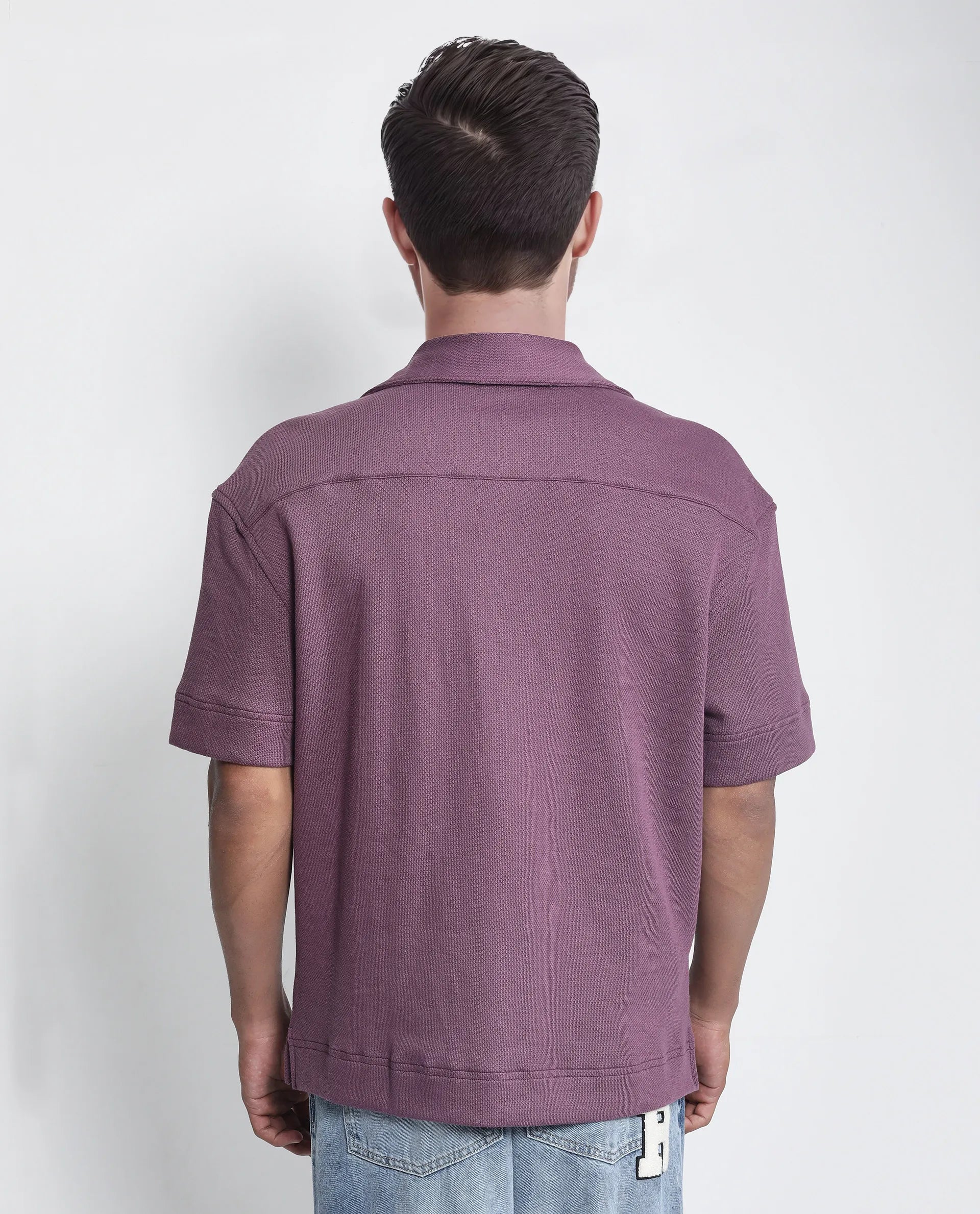 Rare Rabbit Men Kash Purple Viscose Fabric Half Sleeve Collared Neck Button Closure Oversized Fit Plain Shirt