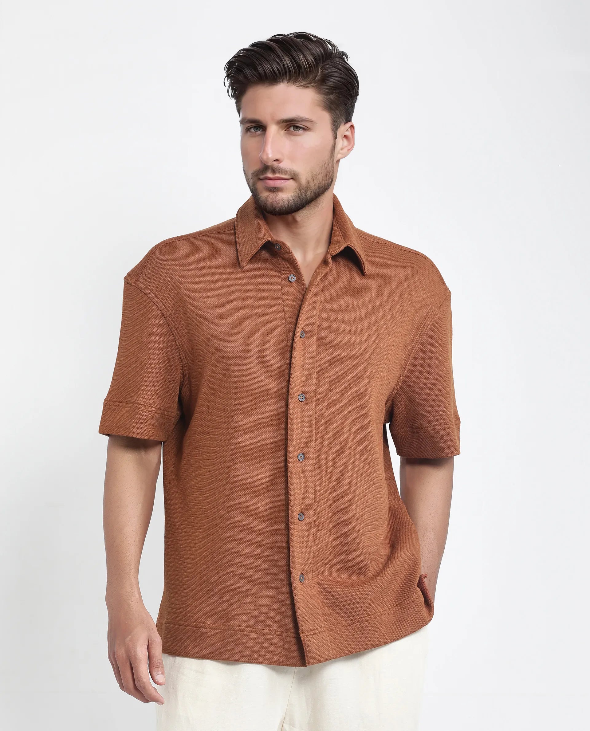 Rare Rabbit Men Kash Rust Viscose Fabric Half Sleeve Collared Neck Button Closure Oversized Fit Plain Shirt