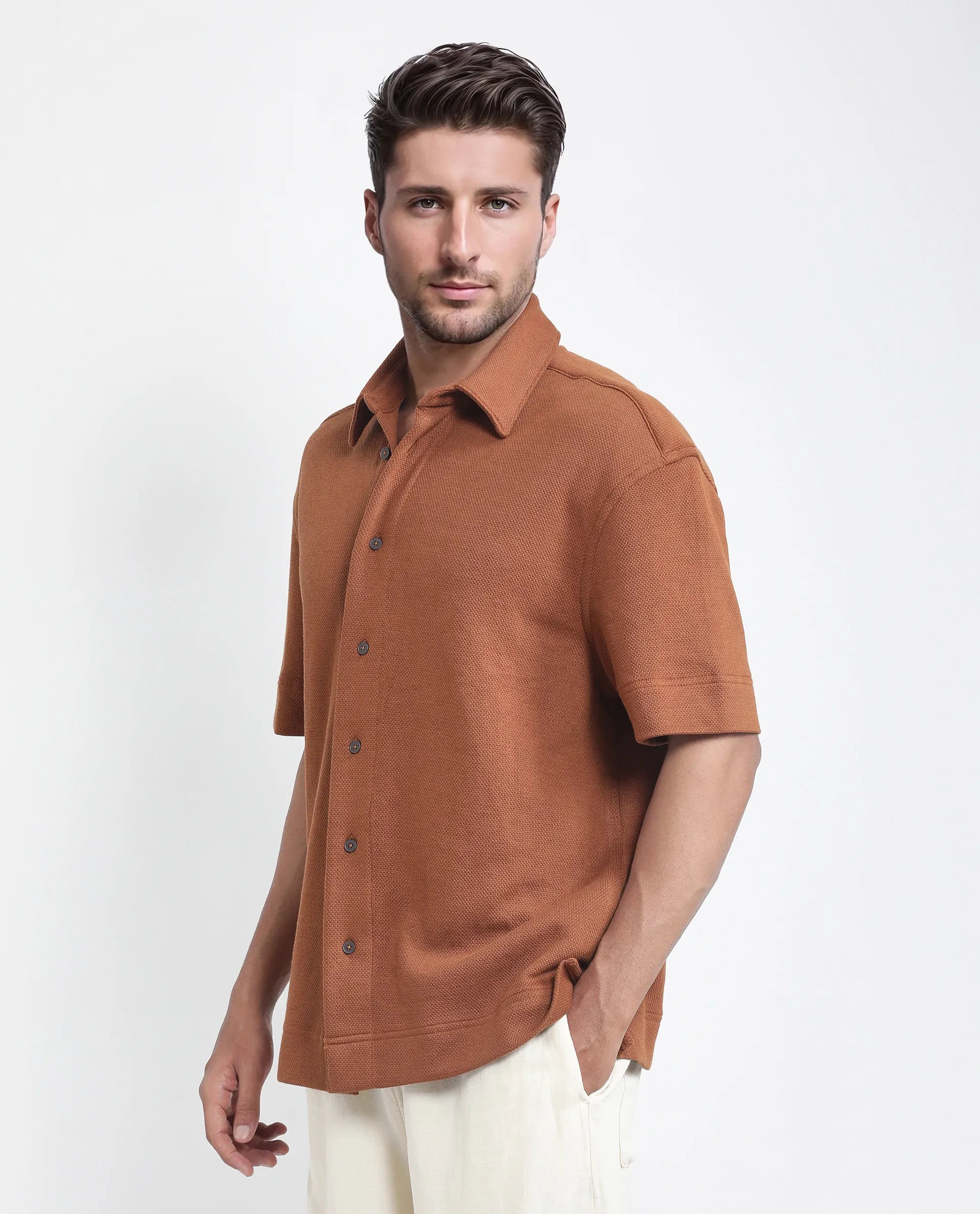 Rare Rabbit Men Kash Rust Viscose Fabric Half Sleeve Collared Neck Button Closure Oversized Fit Plain Shirt