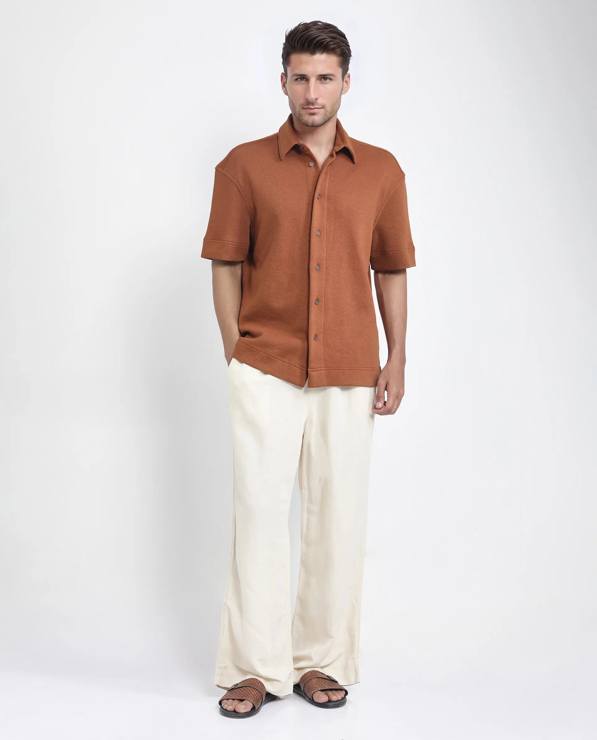 Rare Rabbit Men Kash Rust Viscose Fabric Half Sleeve Collared Neck Button Closure Oversized Fit Plain Shirt