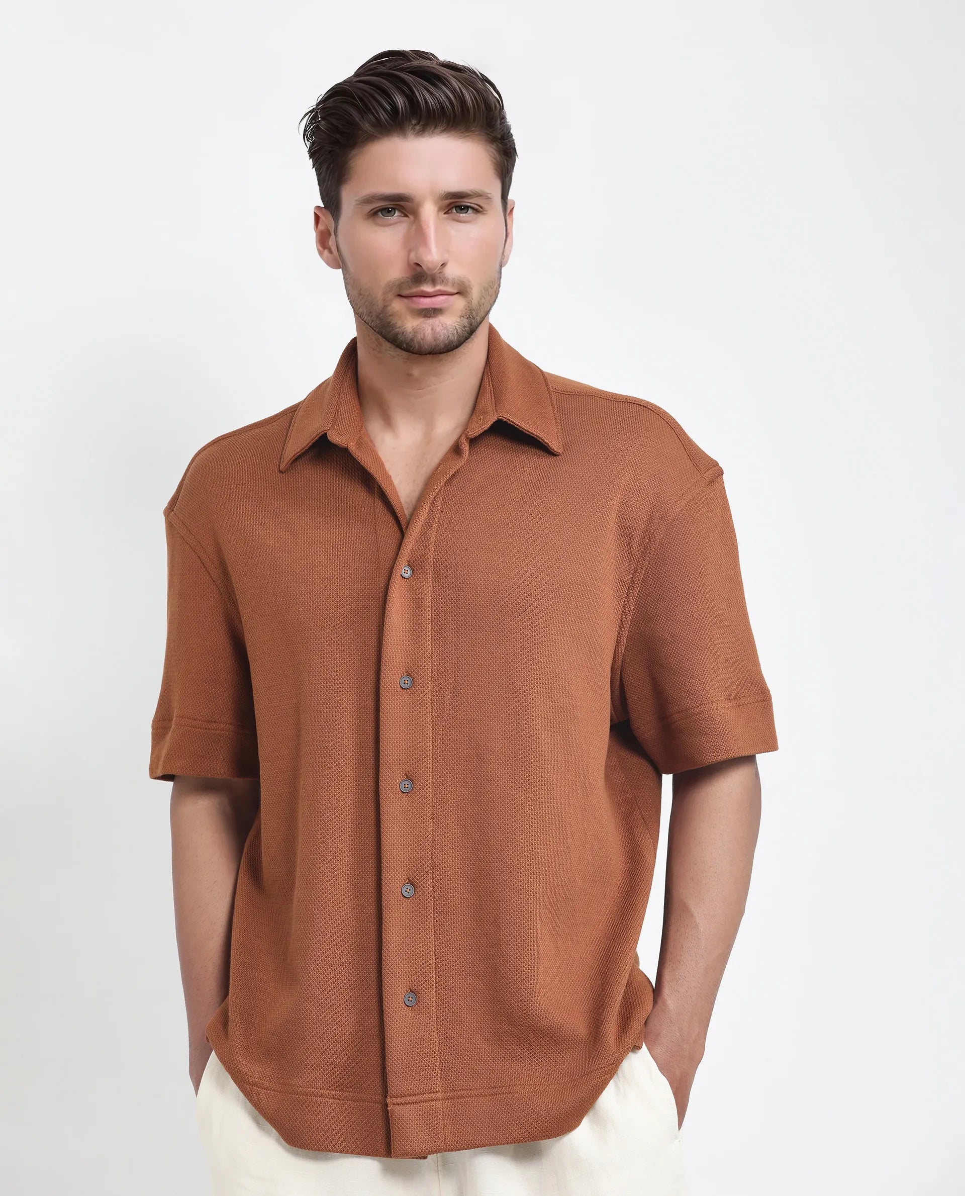 Rare Rabbit Men Kash Rust Viscose Fabric Half Sleeve Collared Neck Button Closure Oversized Fit Plain Shirt