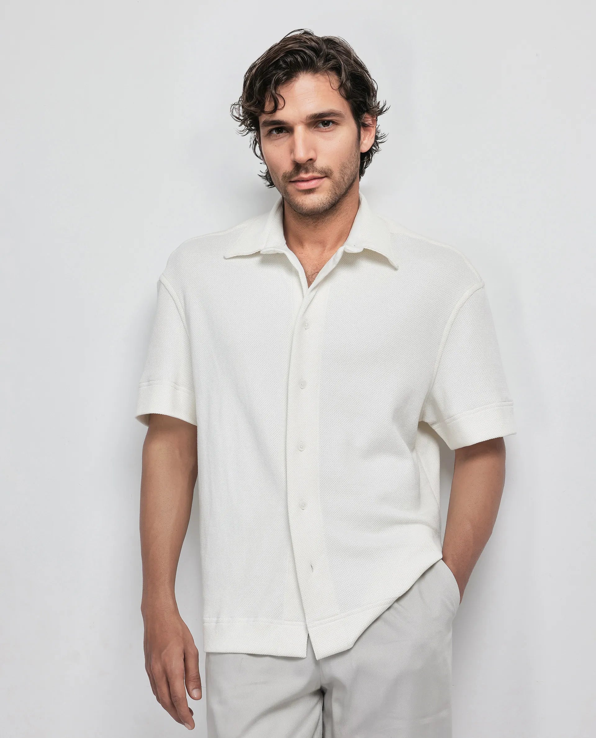Rare Rabbit Men Kash White Viscose Fabric Half Sleeve Collared Neck Button Closure Oversized Fit Plain Shirt