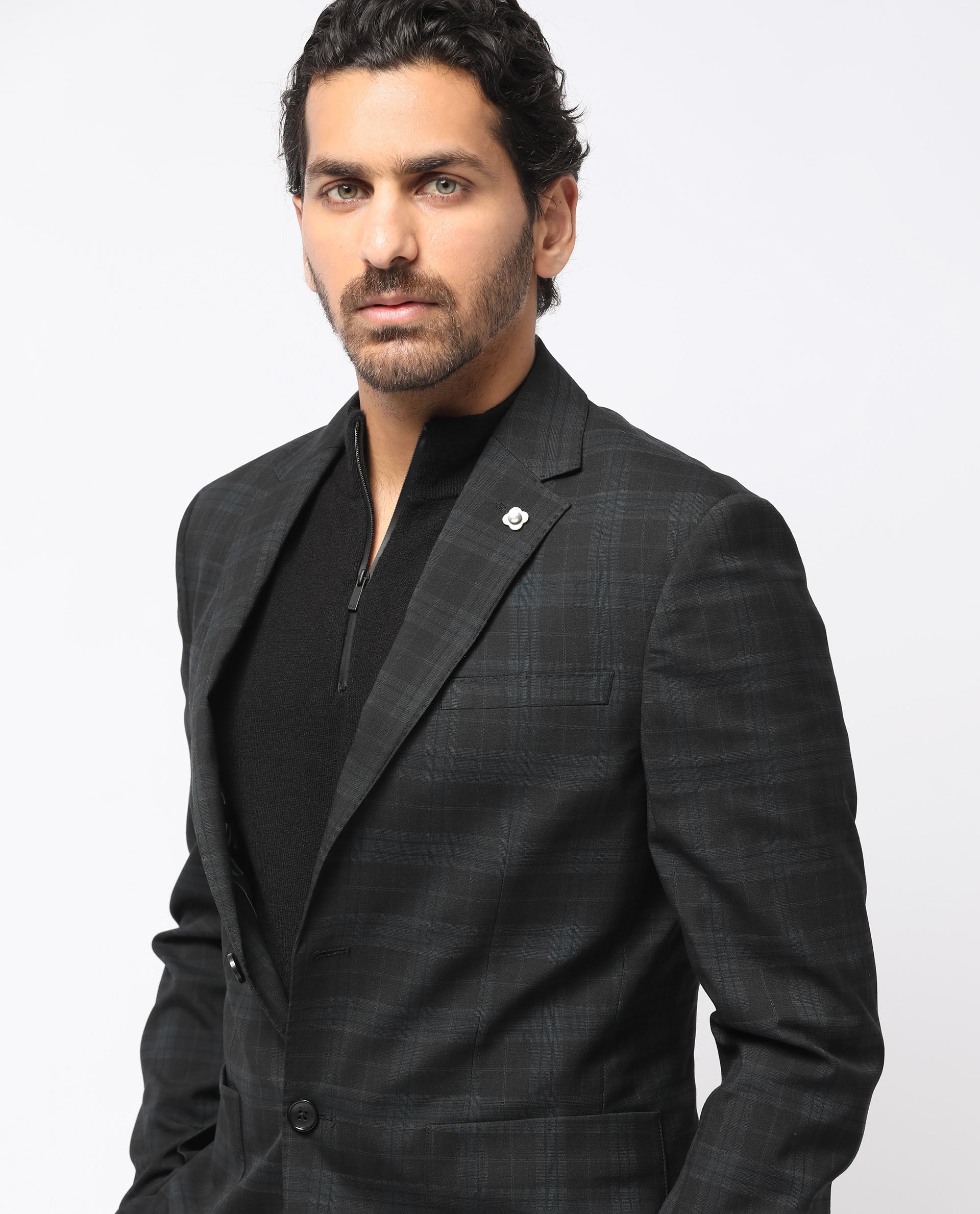 Rare Rabbit Men's Kaspro Black Polyester Viscose Fabric Notch Lapel Button Closure Single Breasted Dupplin Checks Suits