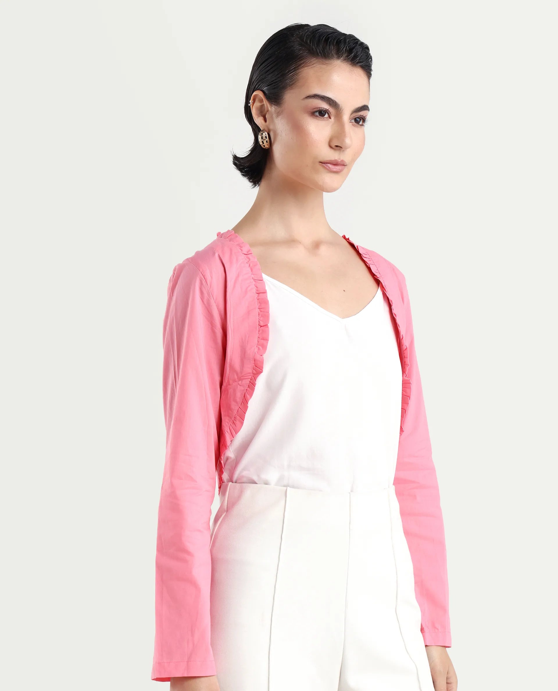 Rareism Women's Kathy Overlay Pink Cotton V-Neck Plain Crop Relaxed Fit Shrug
