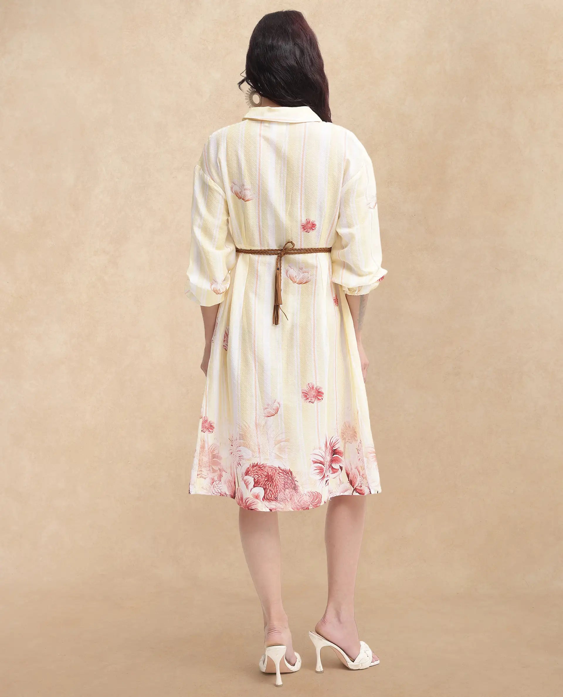 Rareism Women Katina Yellow Cotton Fabric Regular Sleeves Collared Neck Button Closure Floral Print Regular Fit Dress