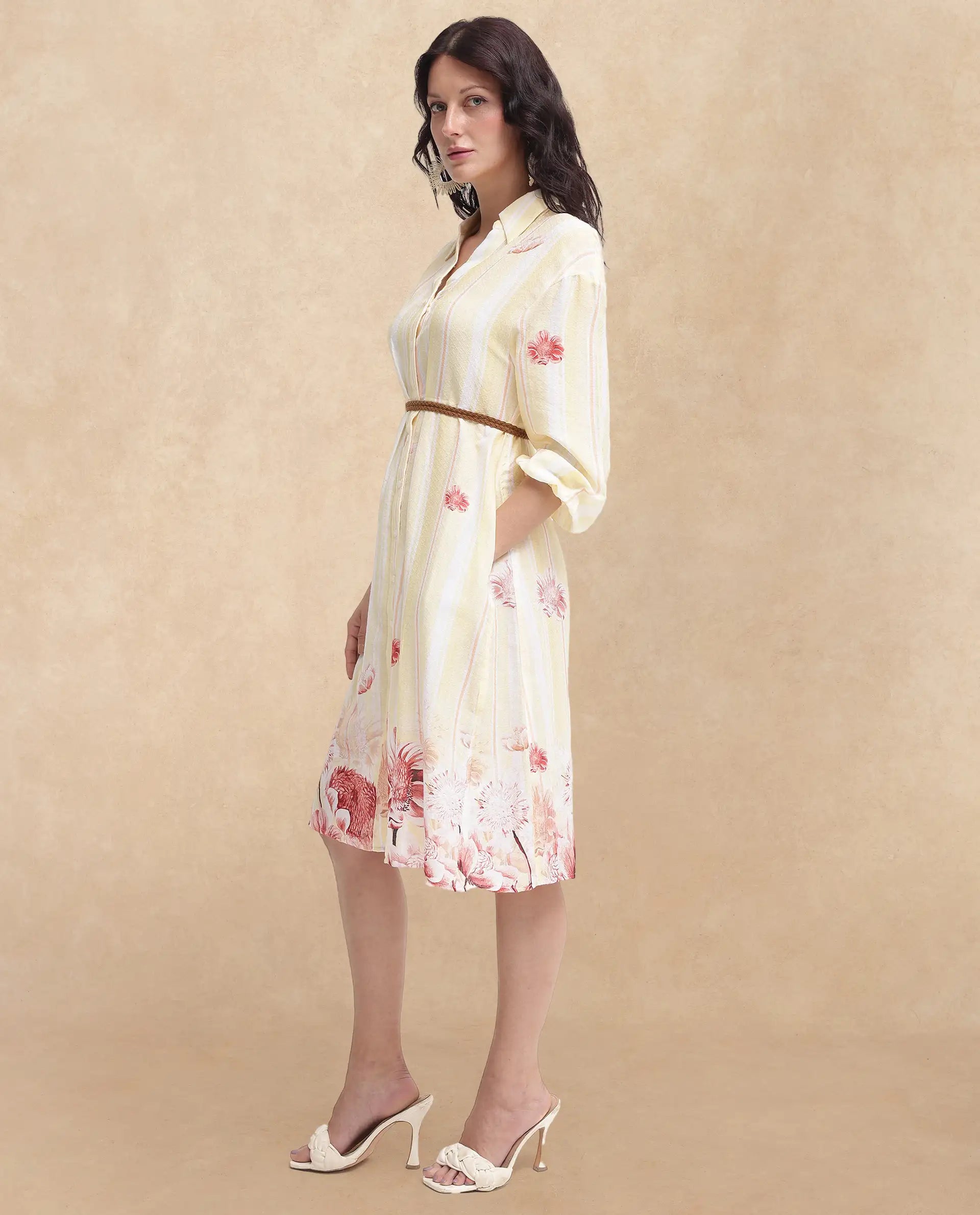 Rareism Women Katina Yellow Cotton Fabric Regular Sleeves Collared Neck Button Closure Floral Print Regular Fit Dress