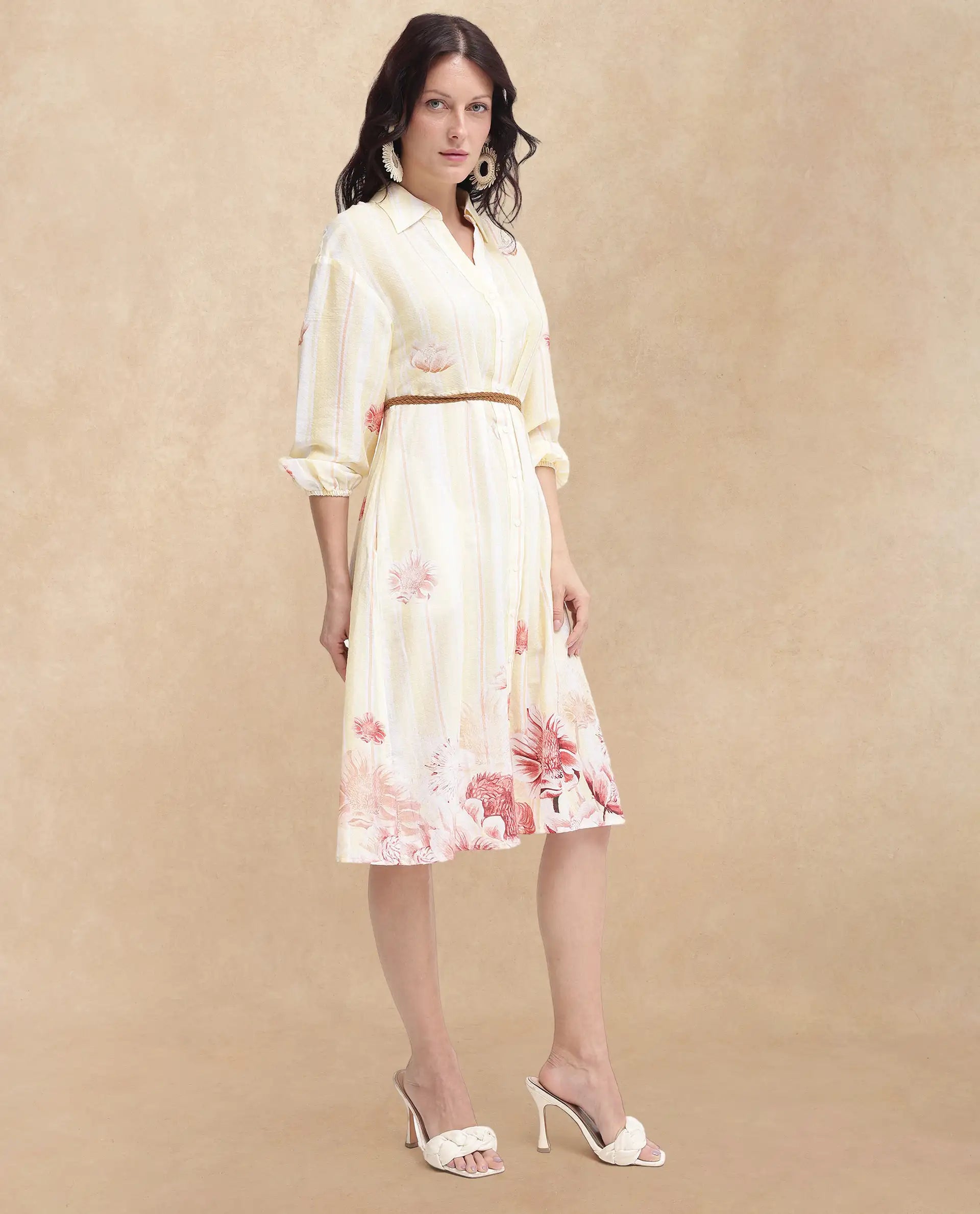 Rareism Women Katina Yellow Cotton Fabric Regular Sleeves Collared Neck Button Closure Floral Print Regular Fit Dress