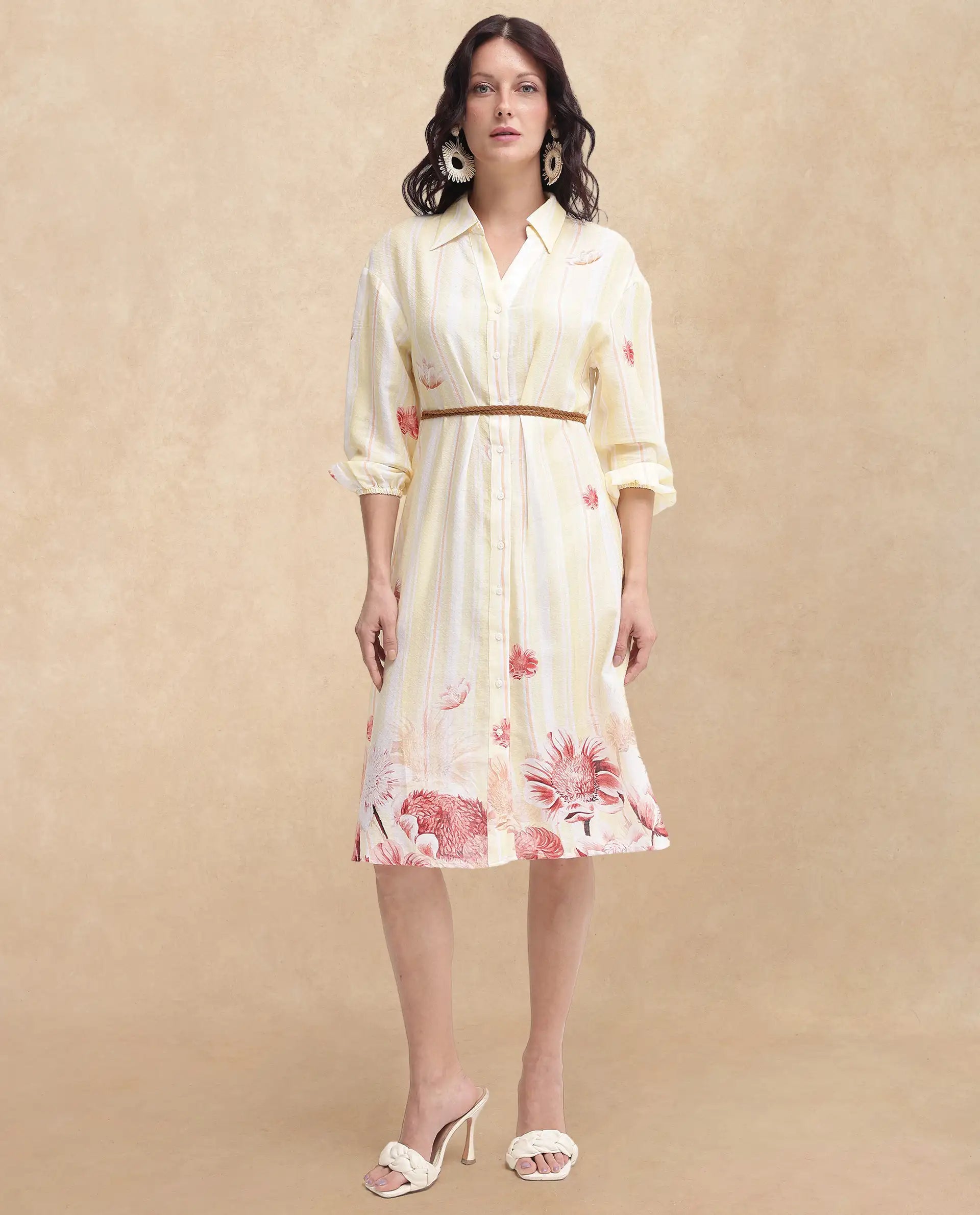 Rareism Women Katina Yellow Cotton Fabric Regular Sleeves Collared Neck Button Closure Floral Print Regular Fit Dress