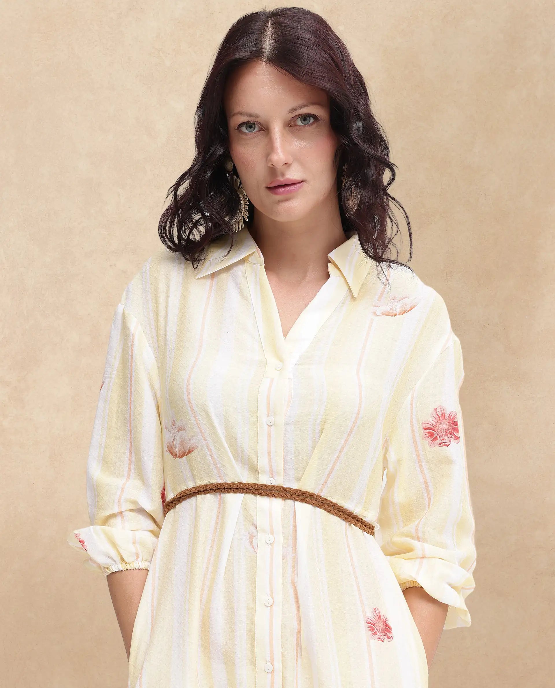 Rareism Women Katina Yellow Cotton Fabric Regular Sleeves Collared Neck Button Closure Floral Print Regular Fit Dress