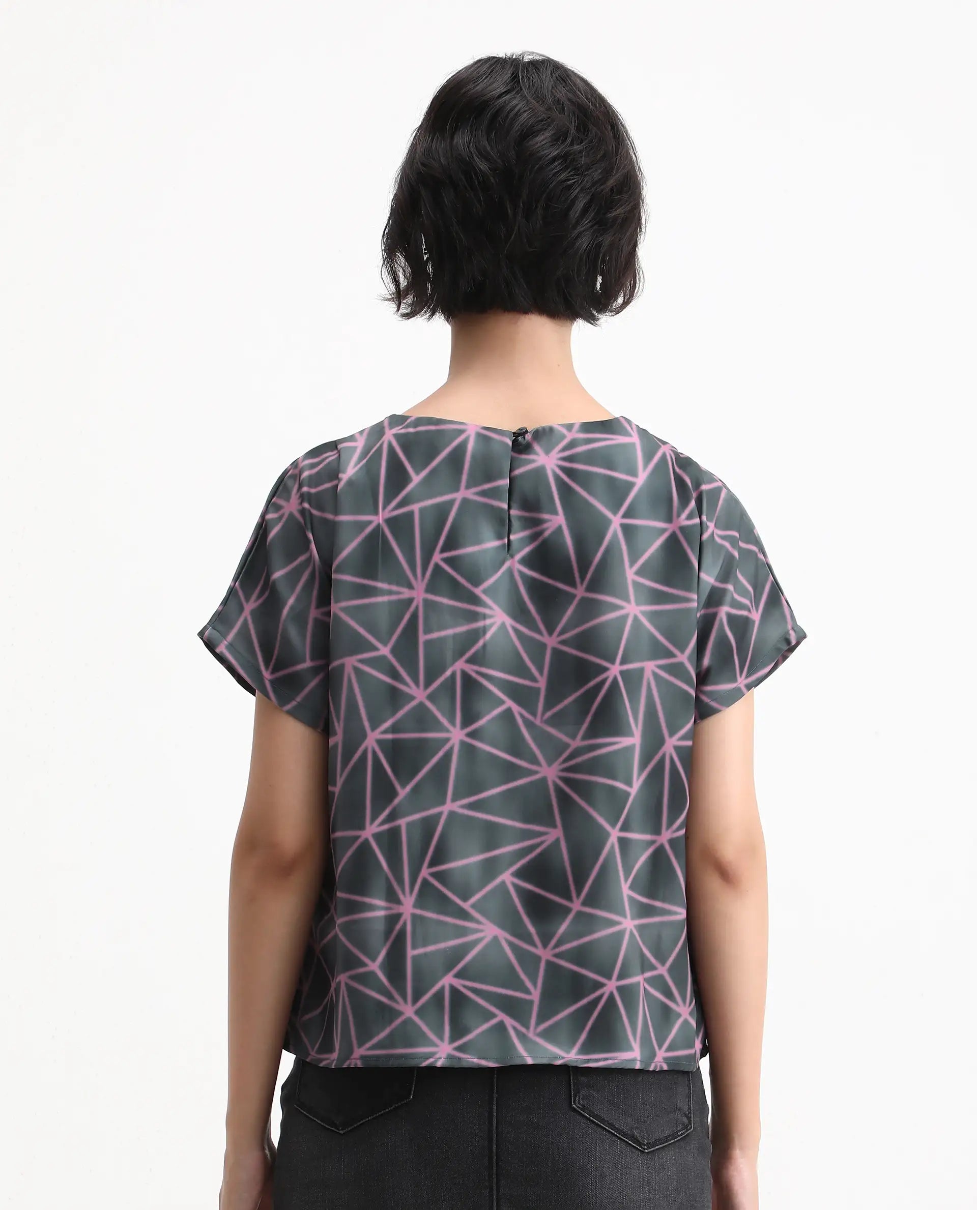 Rareism Women's Katya Grey Polyester Blend Collarless Abstract Print Extended Sleeves Regular Fit Top