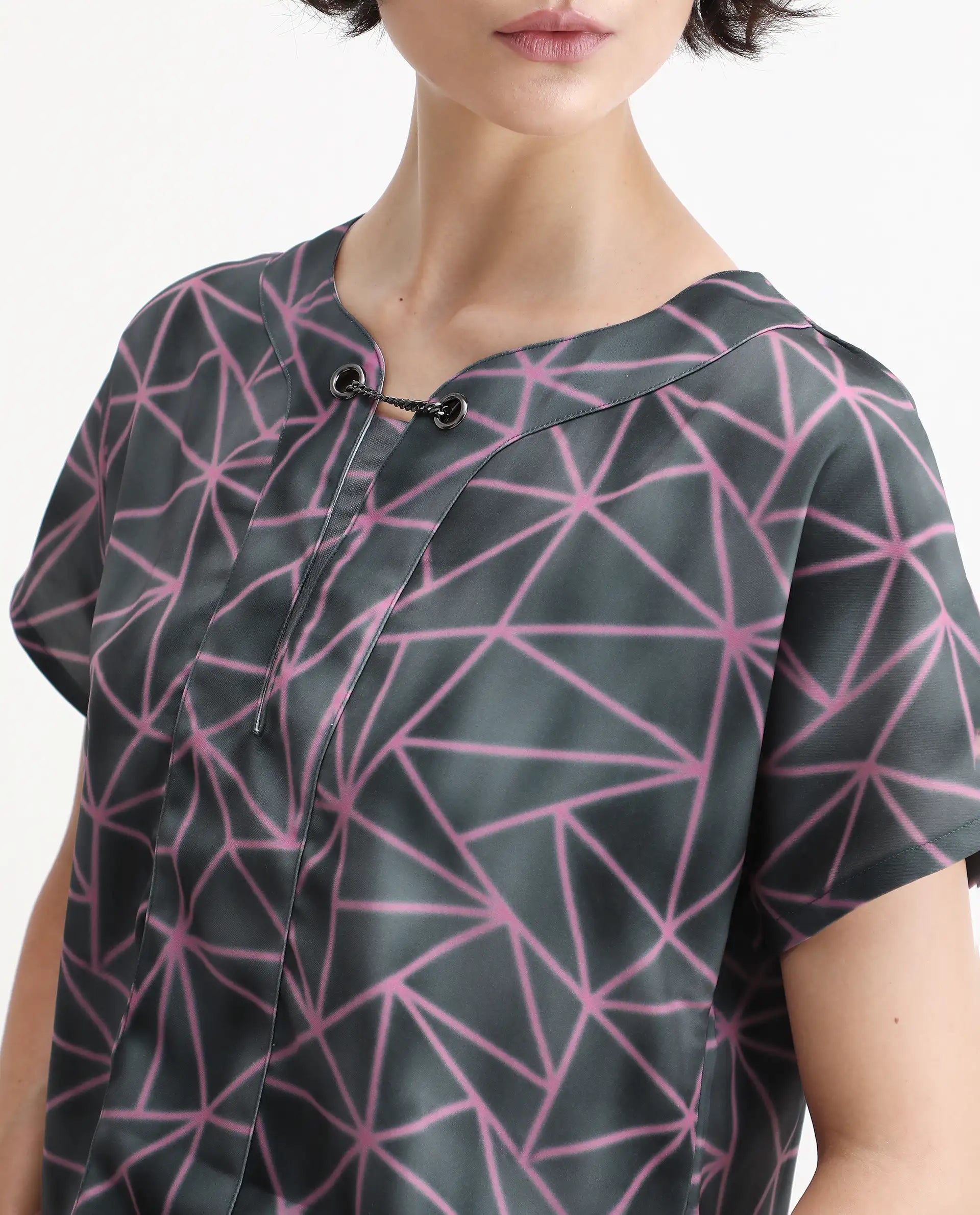 Rareism Women's Katya Grey Polyester Blend Collarless Abstract Print Extended Sleeves Regular Fit Top