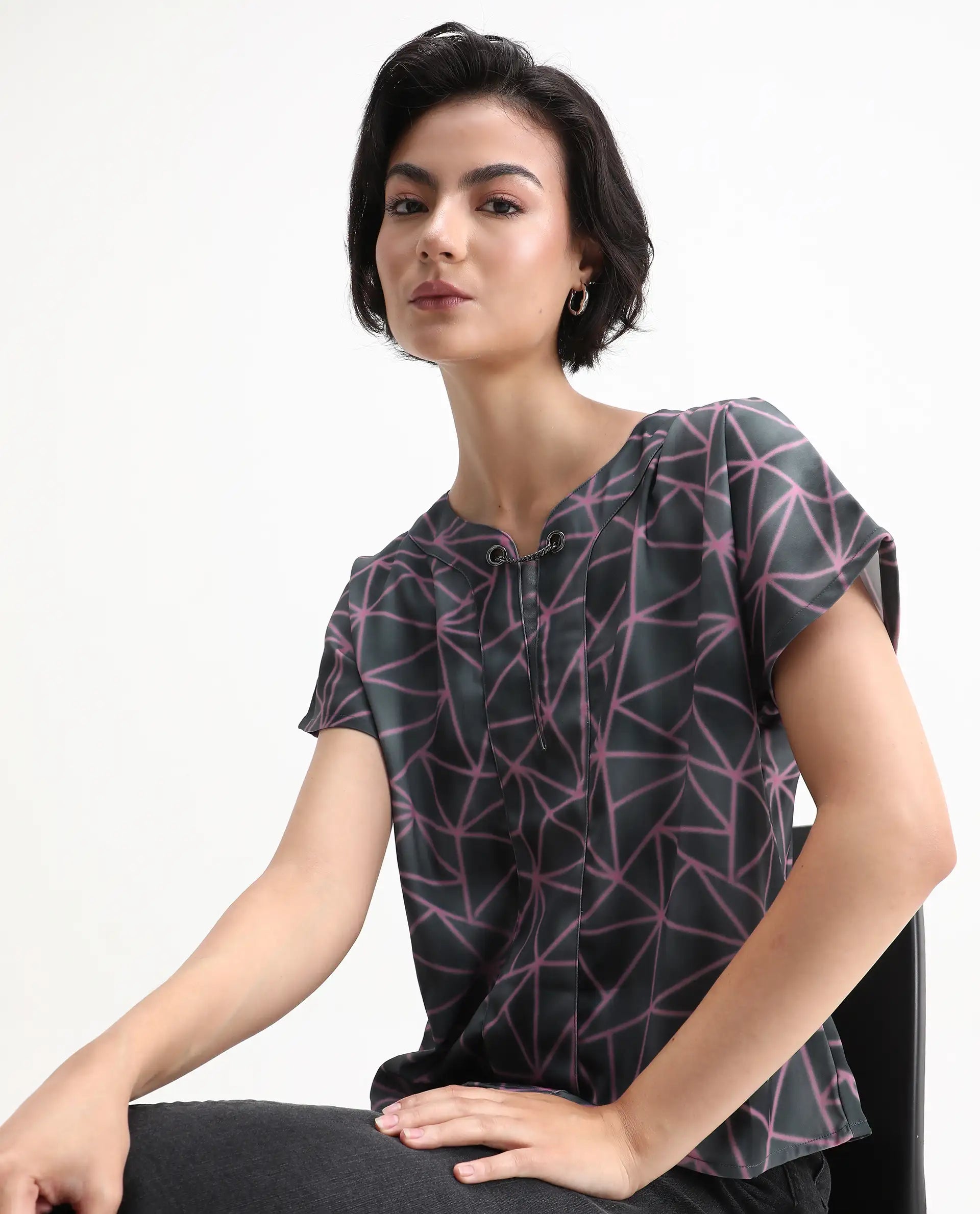 Rareism Women's Katya Grey Polyester Blend Collarless Abstract Print Extended Sleeves Regular Fit Top