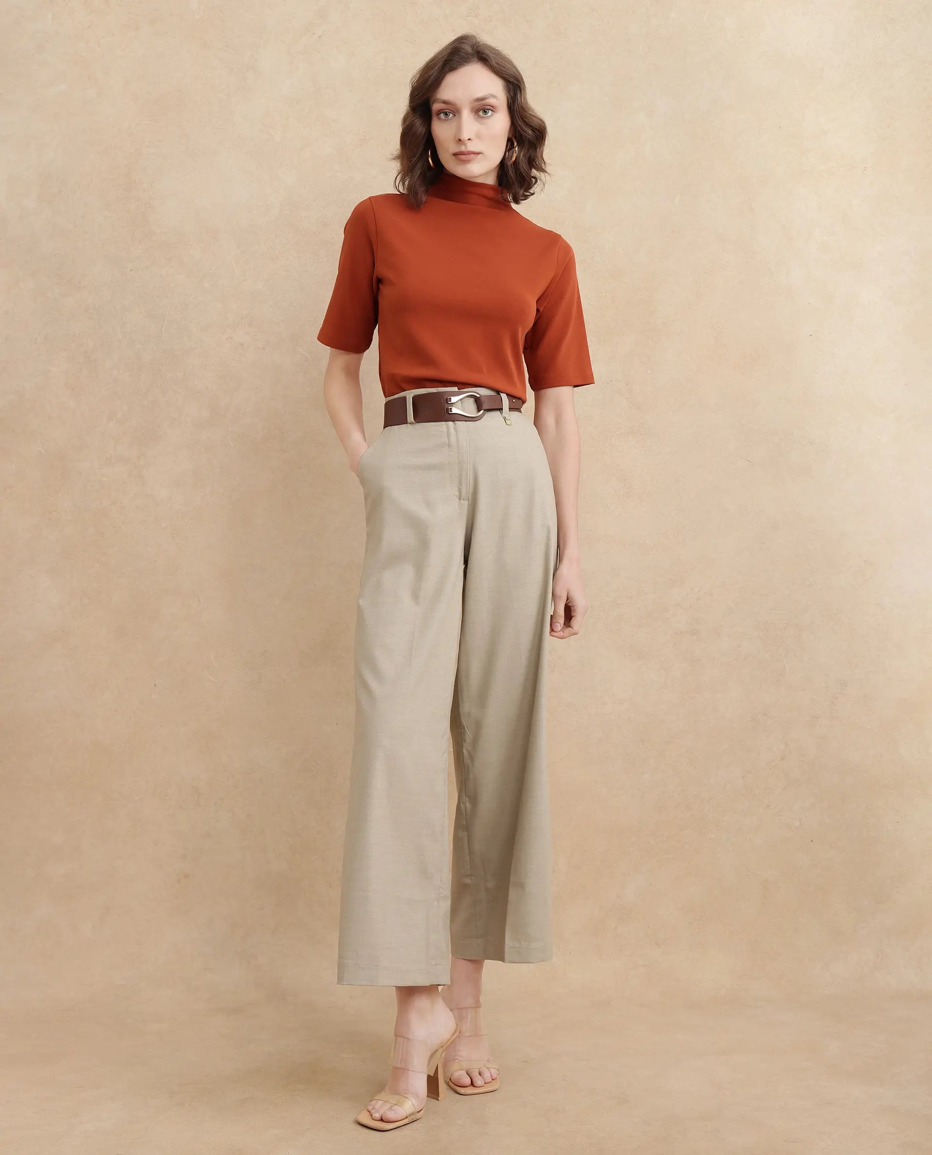 Rareism Women Katy Beige Hook Closure Straight Fit Ankle Length Plain Trouser