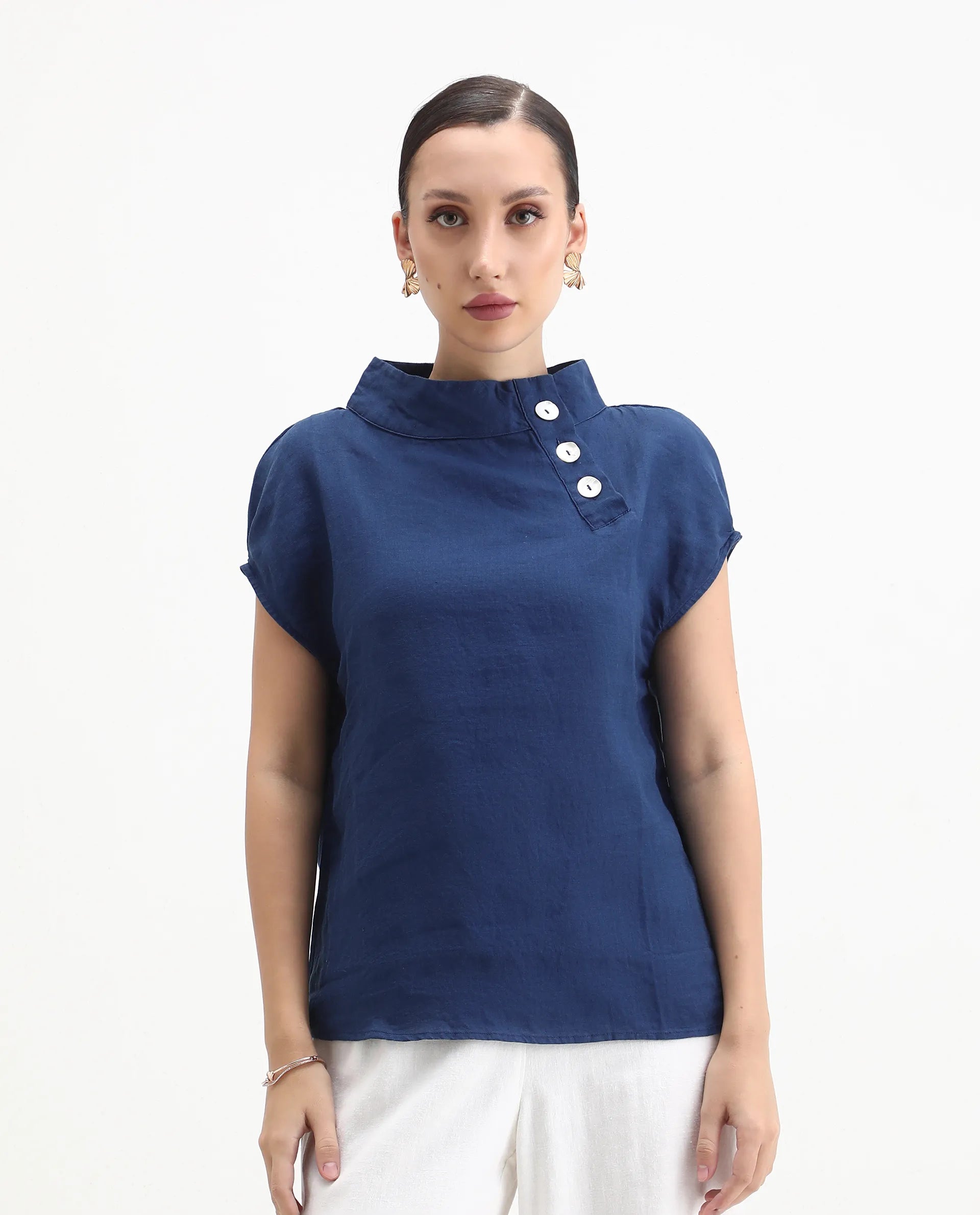 Rareism Women's Kavier Blue Linen High Neck Plain Knee Length Regular Fit Top