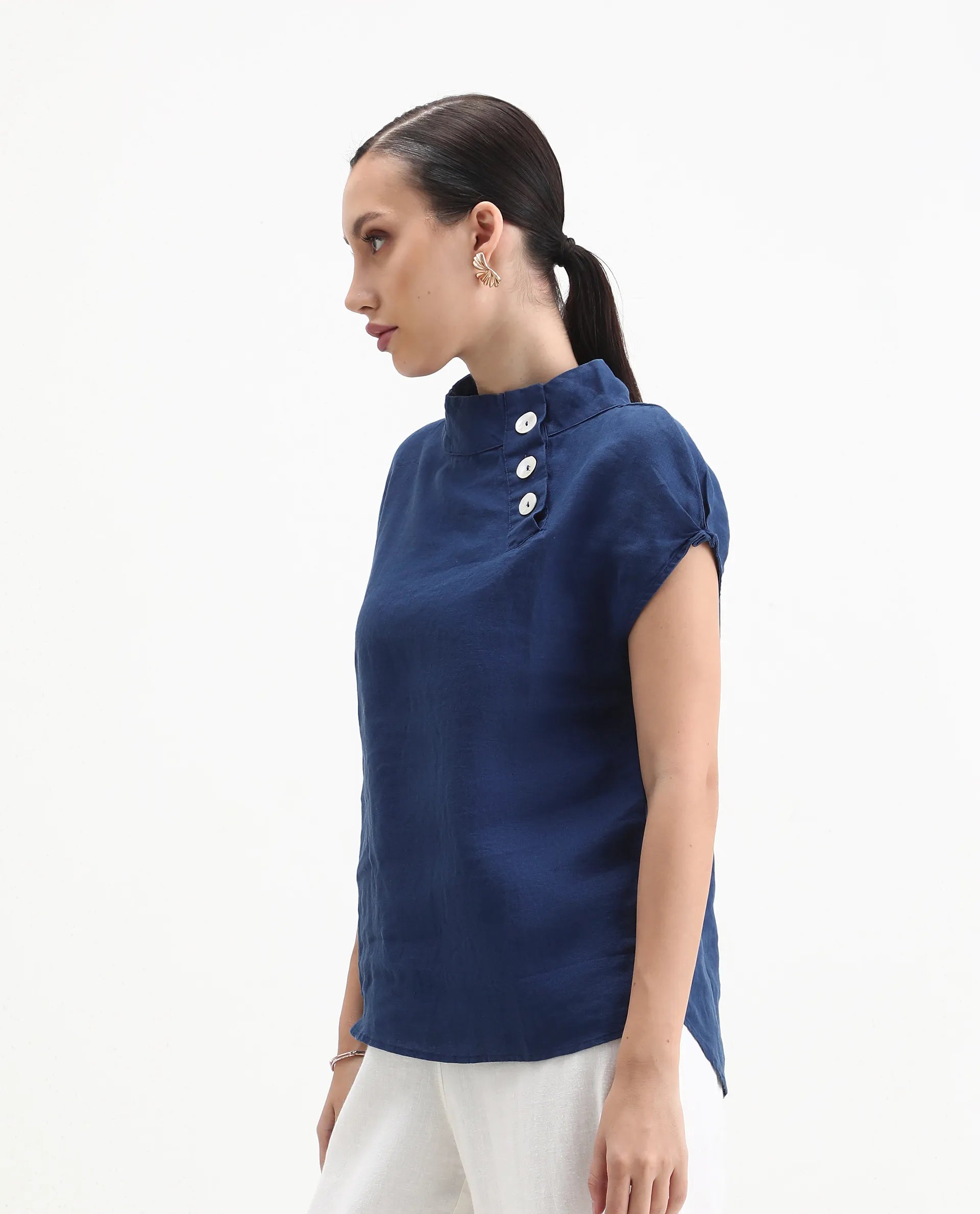 Rareism Women's Kavier Blue Linen High Neck Plain Knee Length Regular Fit Top