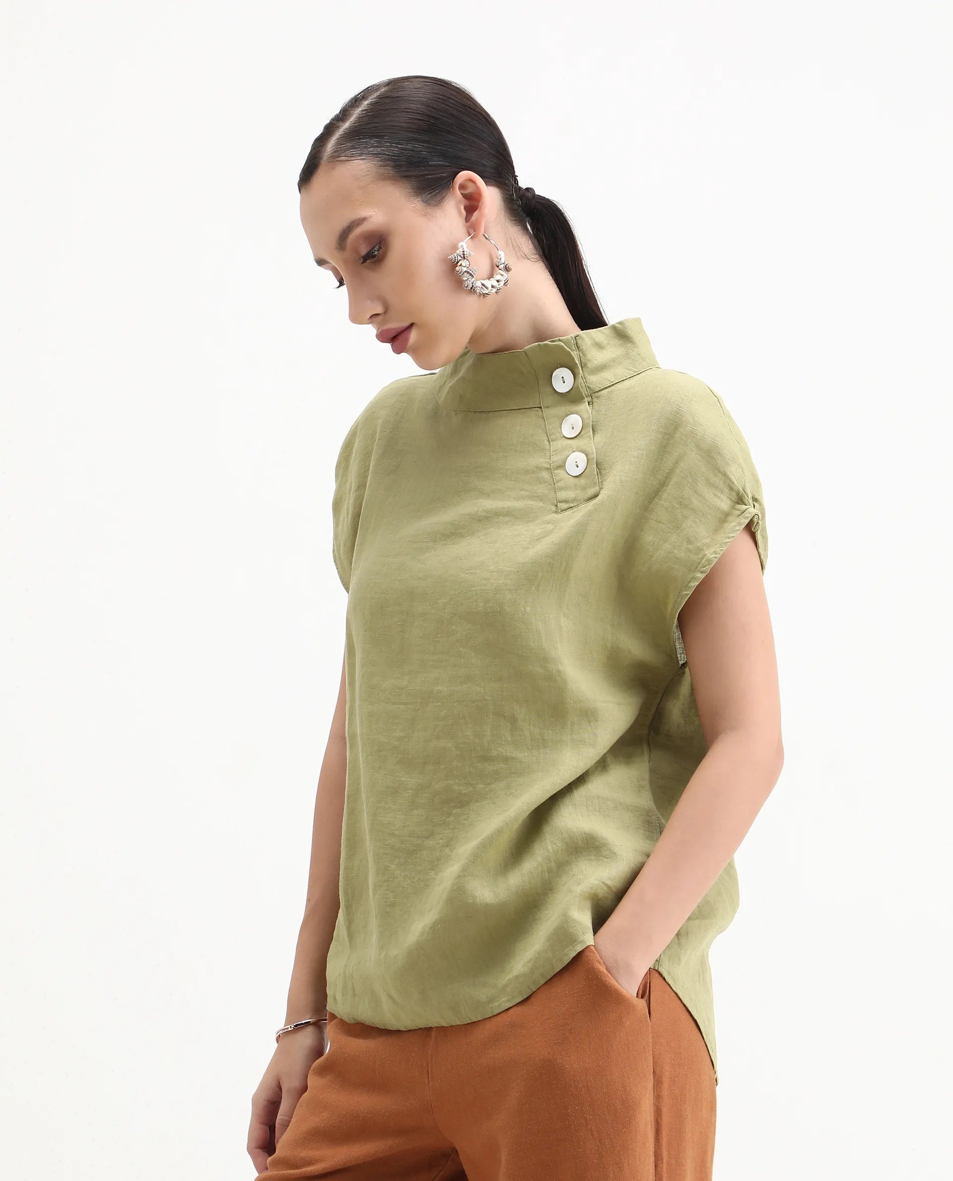 Rareism Women's Kavier Green Linen High Neck Plain Regular Fit Top