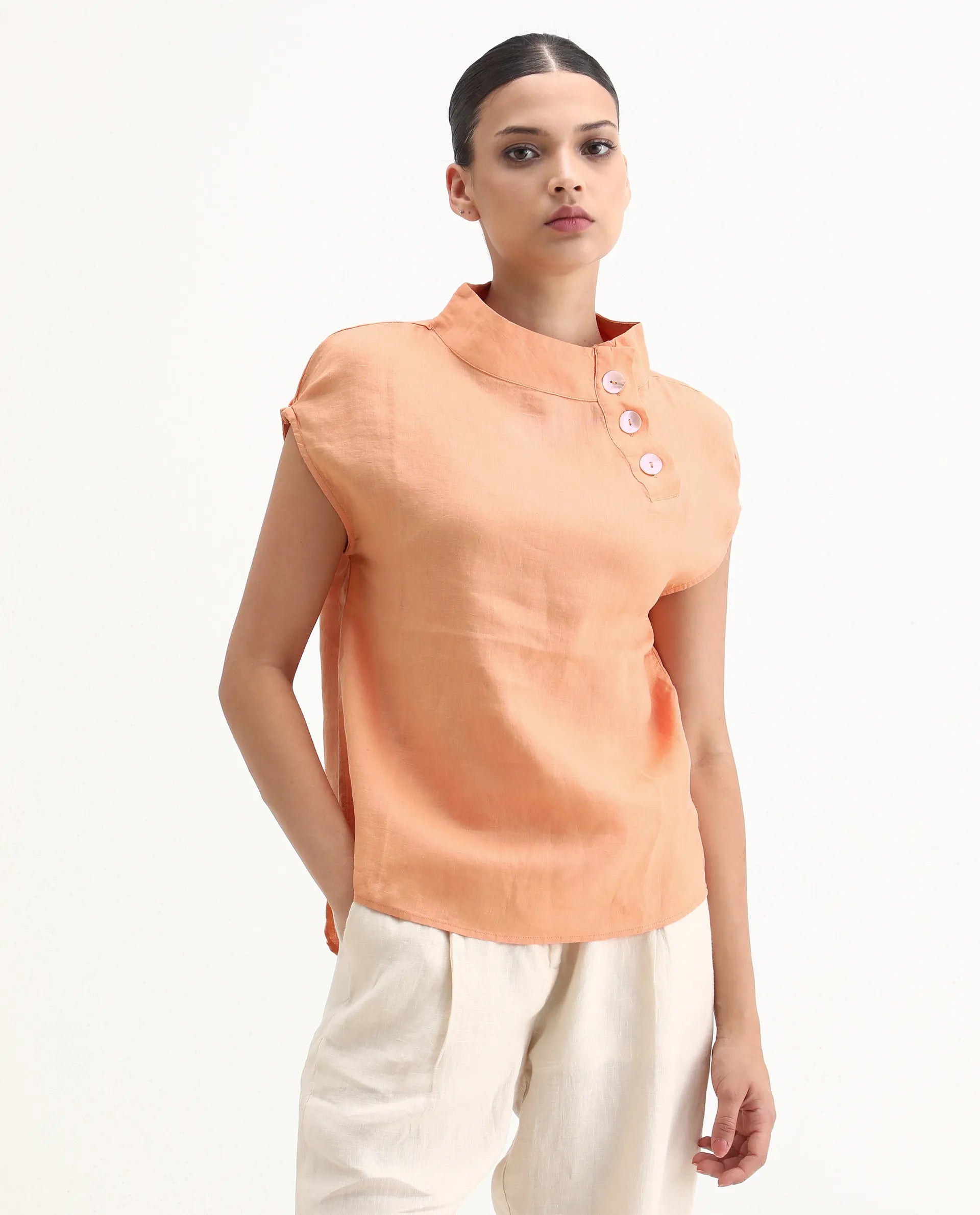 Rareism Women's Kavier Orange Linen High Neck Plain Regular Fit Top