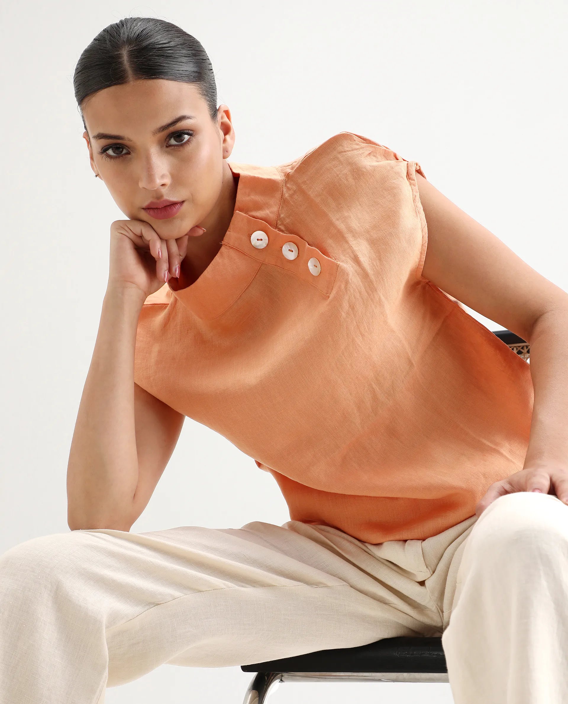 Rareism Women's Kavier Orange Linen High Neck Plain Regular Fit Top