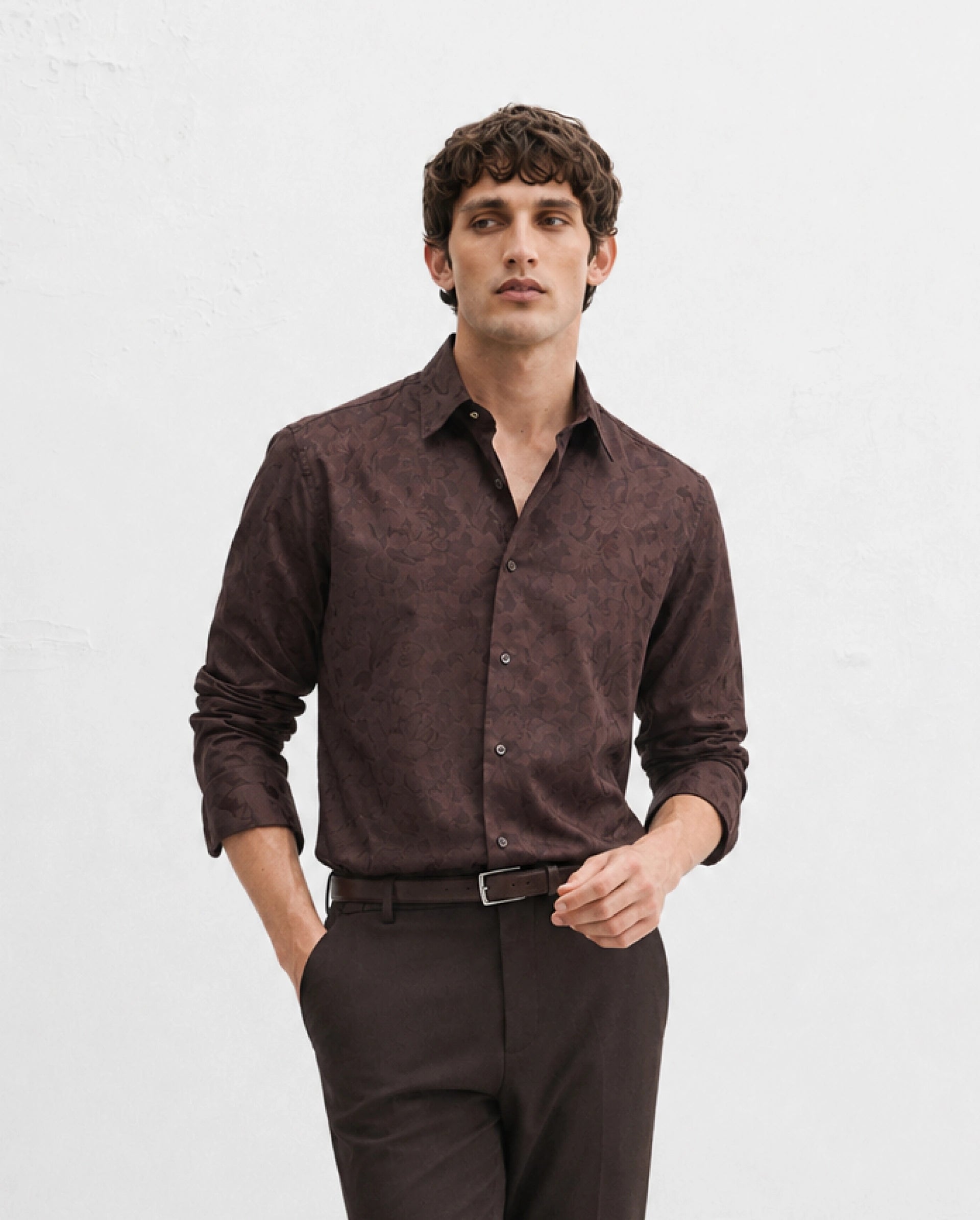 Rare Rabbit Men's Kavo Brown Polyester Blend Button Regular Fit Jacquard Shirt