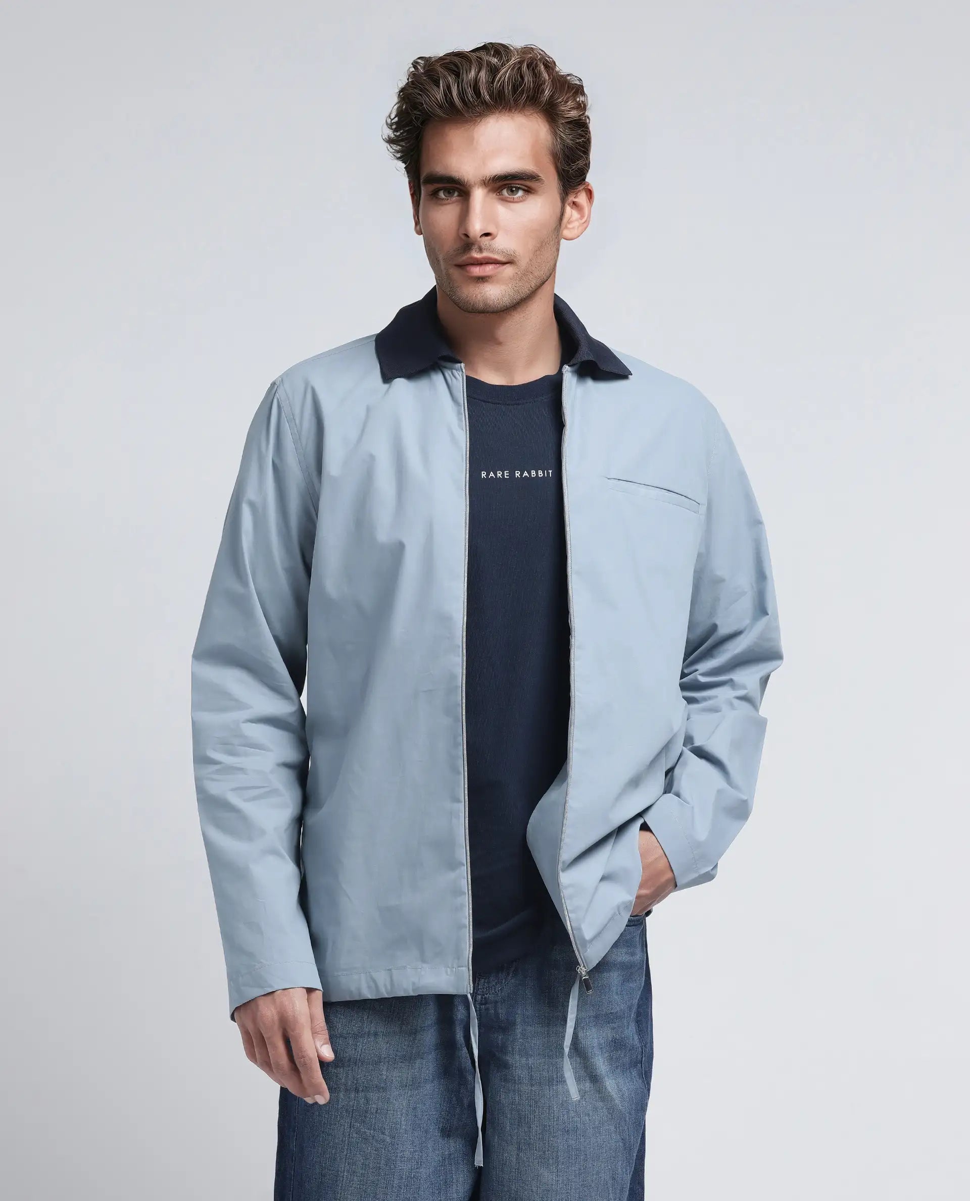 Rare Rabbit Men's Kax Light Blue Cotton Fabric Full Sleeve Spread Collar Zipper Closure Relaxed Fit Plain Shirt