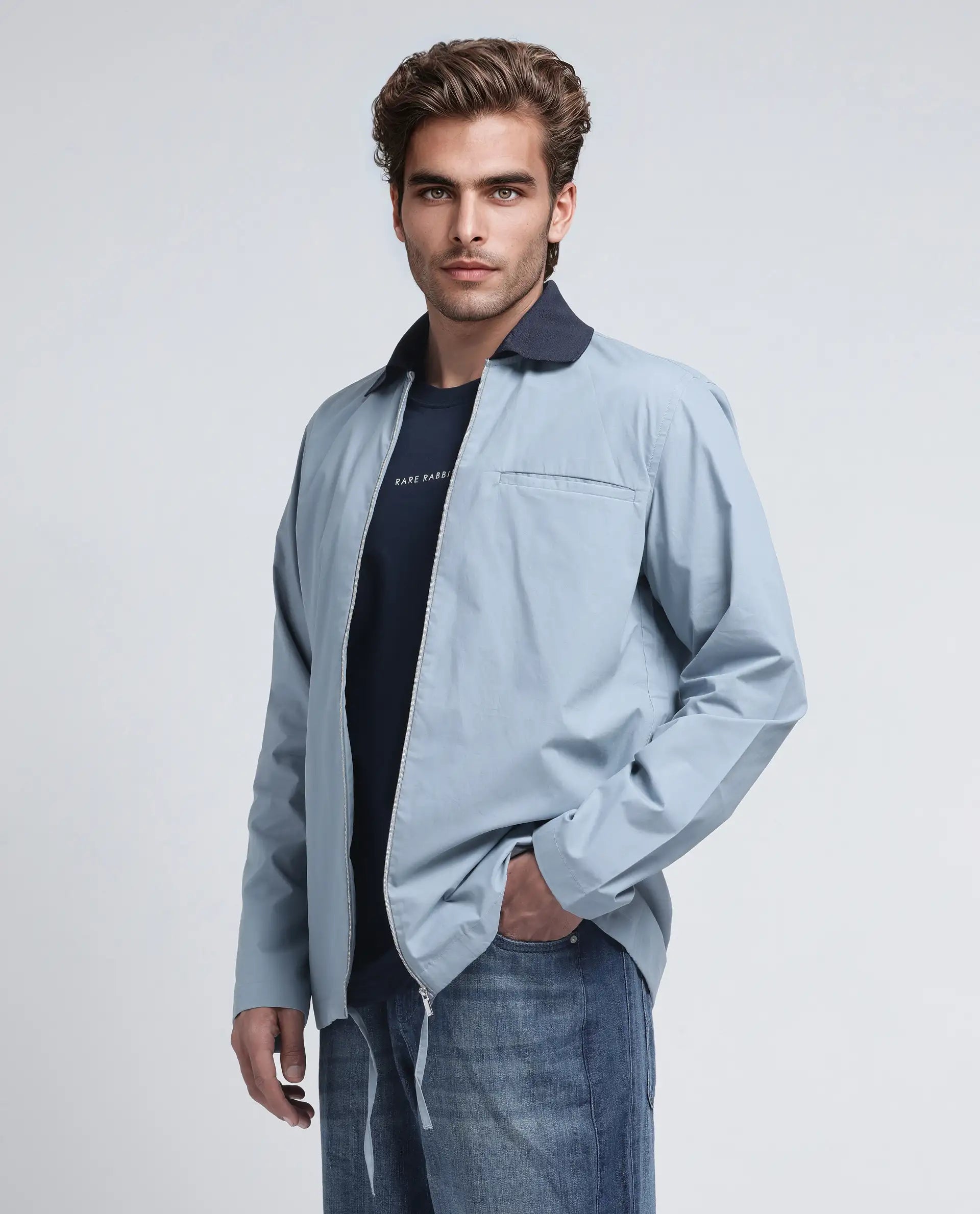 Rare Rabbit Men's Kax Light Blue Cotton Fabric Full Sleeve Spread Collar Zipper Closure Relaxed Fit Plain Shirt