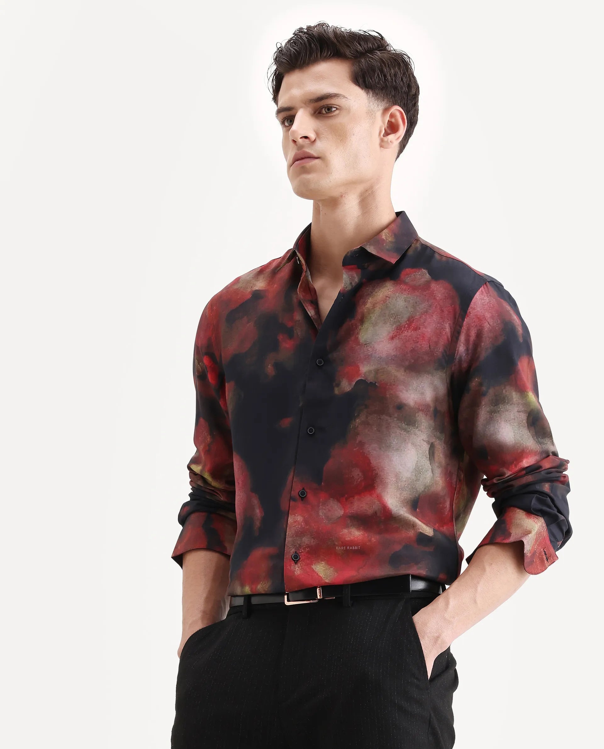 Rare Rabbit Men's Kaya Dark Red Viscose Fabric Collared Neck Regular Fit Abstract Print Shirt